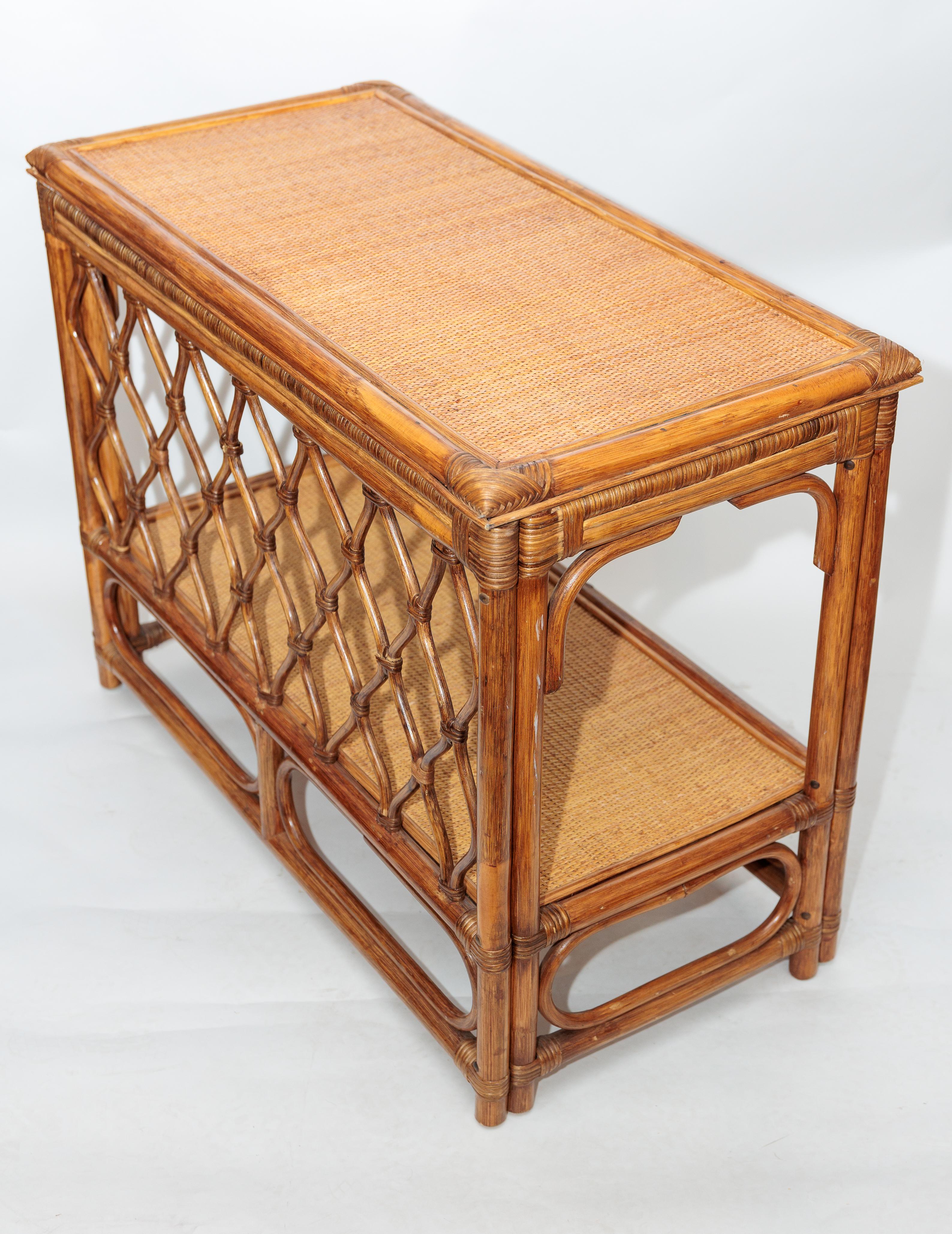 Pair of Bamboo and Rattan Tables with Woven Back Detail and Shelf In Excellent Condition In Bridgehampton, NY