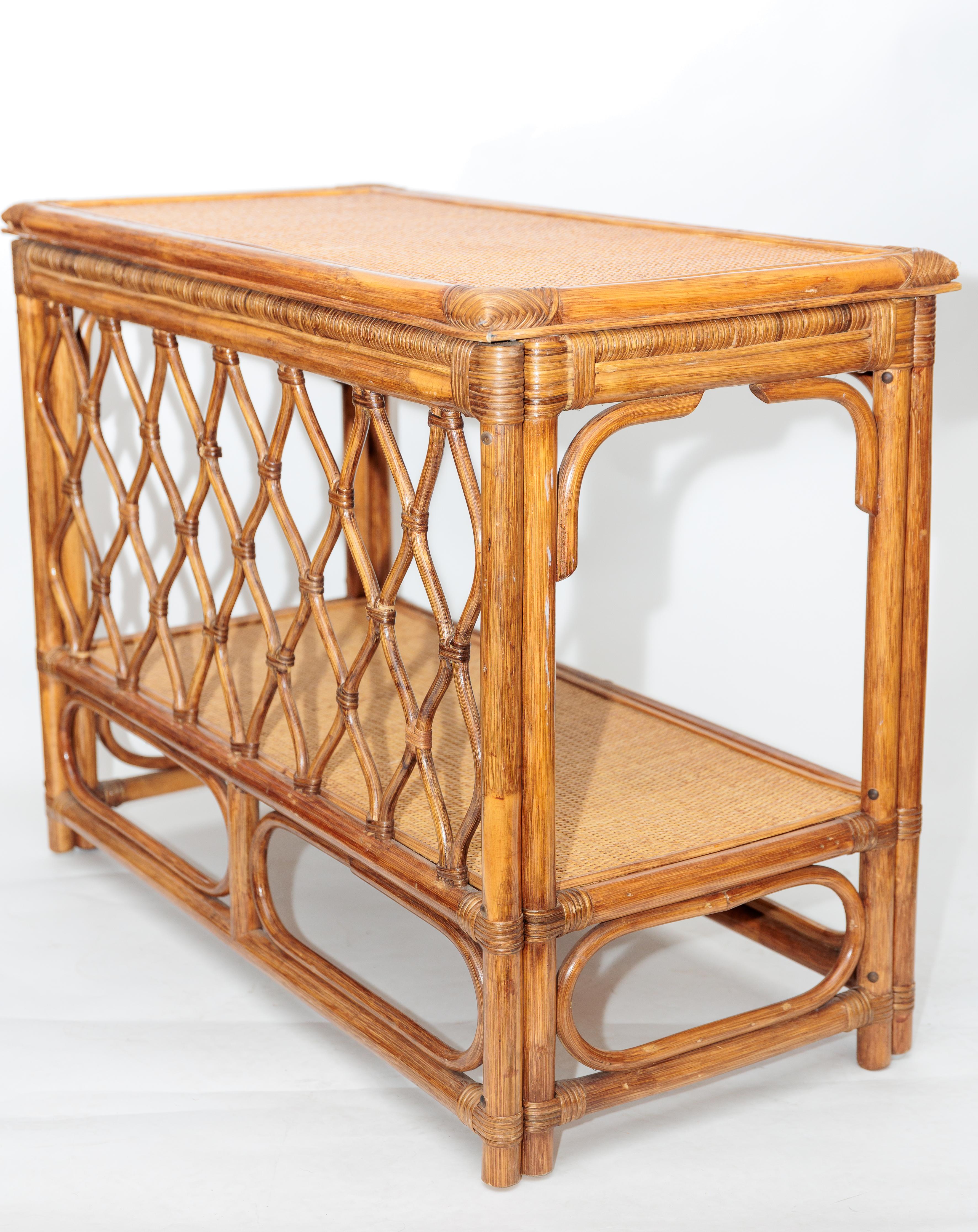 20th Century Pair of Bamboo and Rattan Tables with Woven Back Detail and Shelf