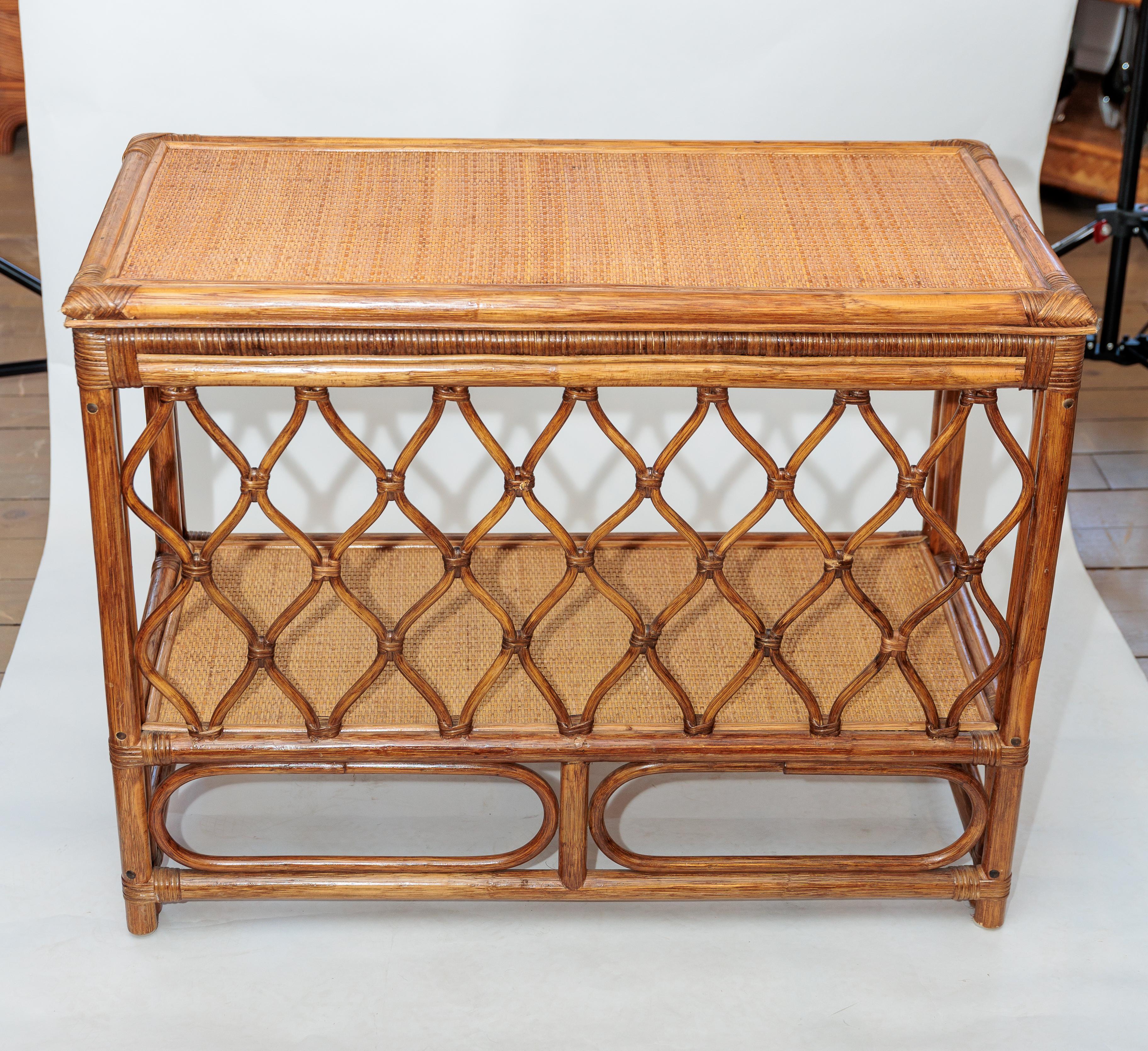 Pair of Bamboo and Rattan Tables with Woven Back Detail and Shelf 1