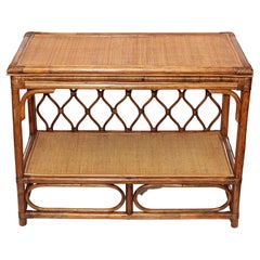 Pair of Bamboo and Rattan Tables with Woven Back Detail and Shelf
