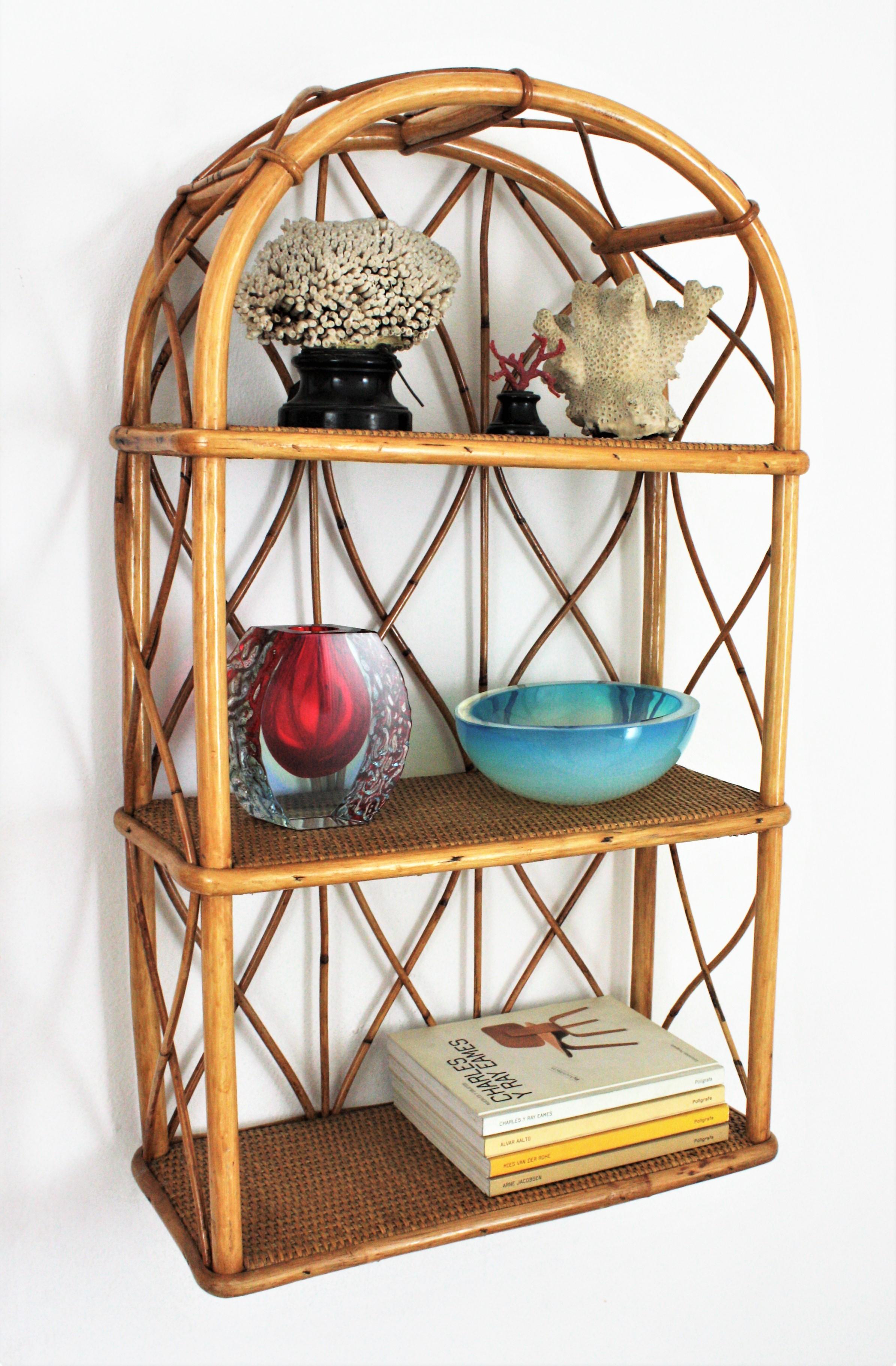 Pair of Bamboo and Rattan Wall Shelves with Round Tops 1