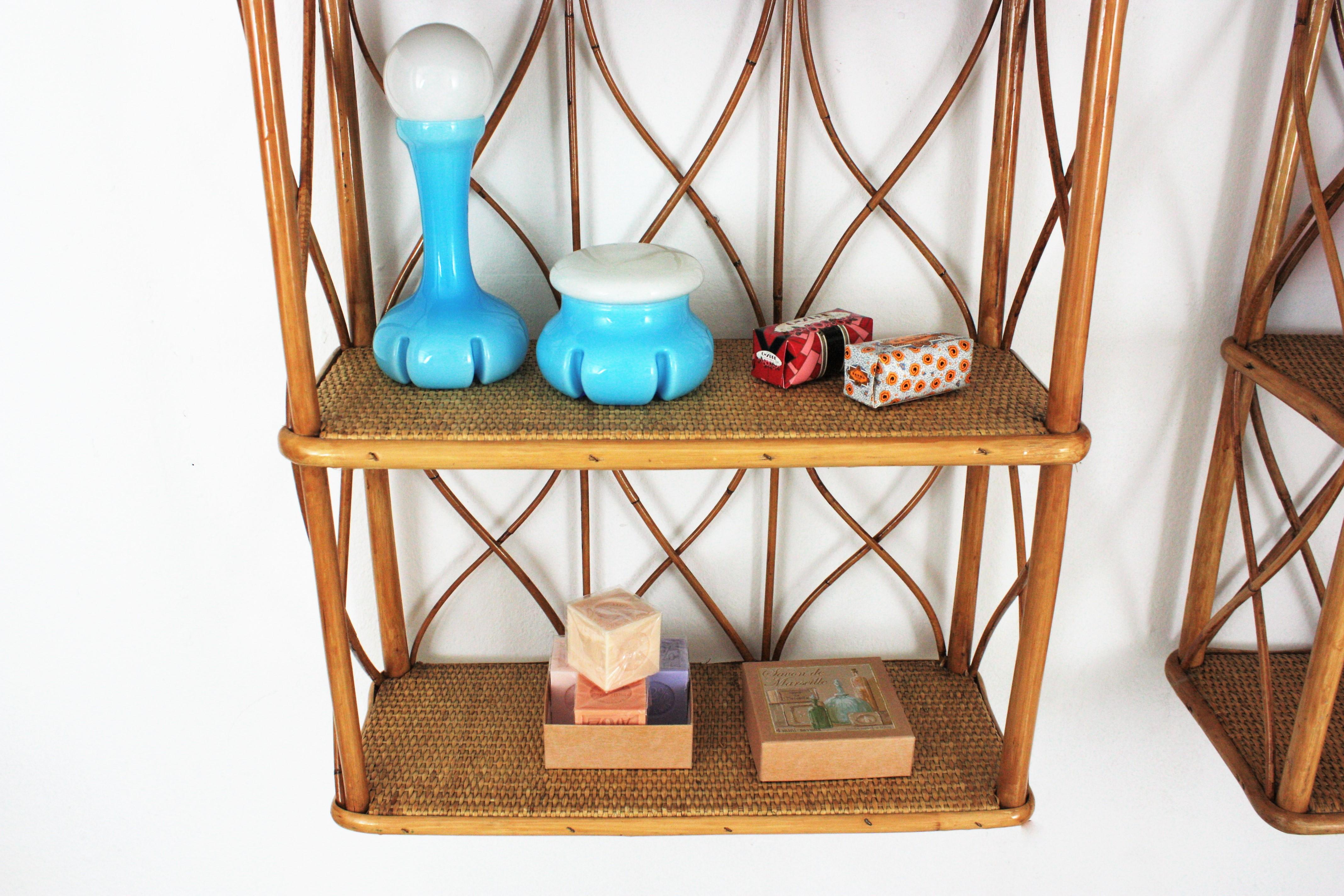 Pair of Bamboo and Rattan Wall Shelves with Round Tops 3
