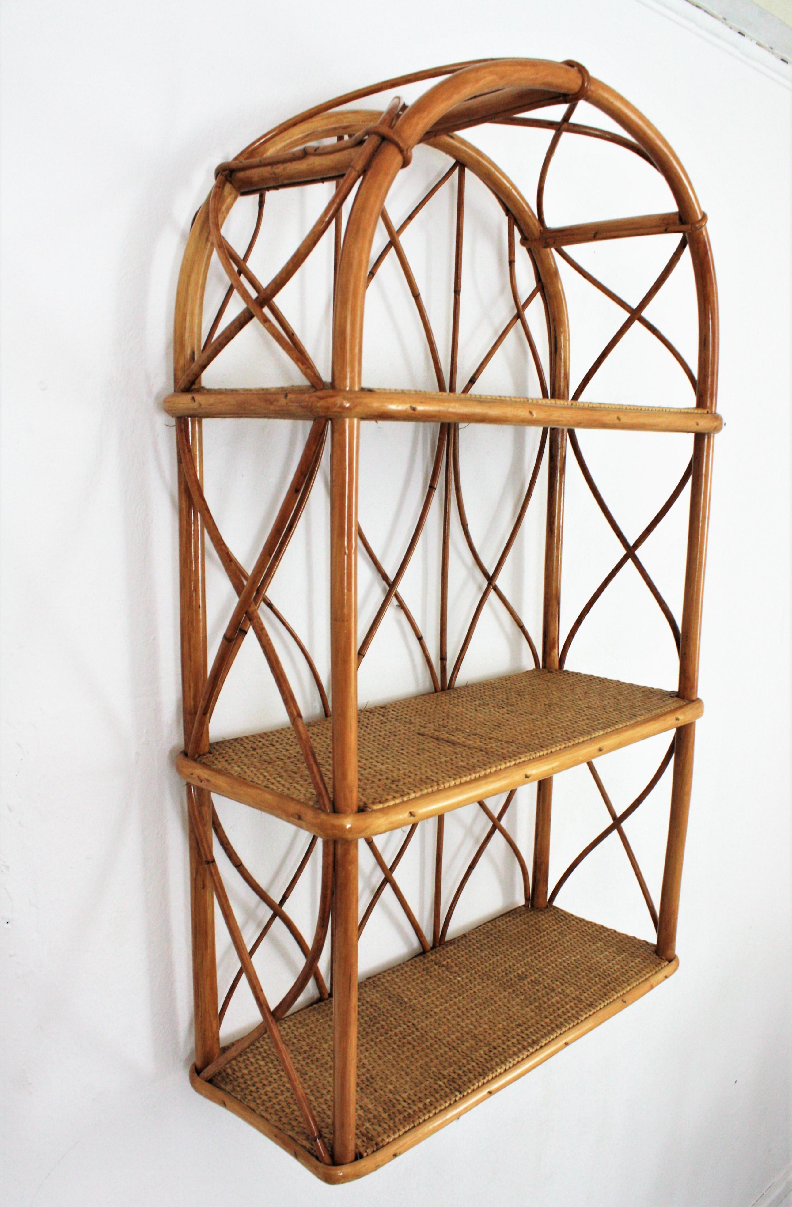 Pair of Bamboo and Rattan Wall Shelves with Round Tops 4