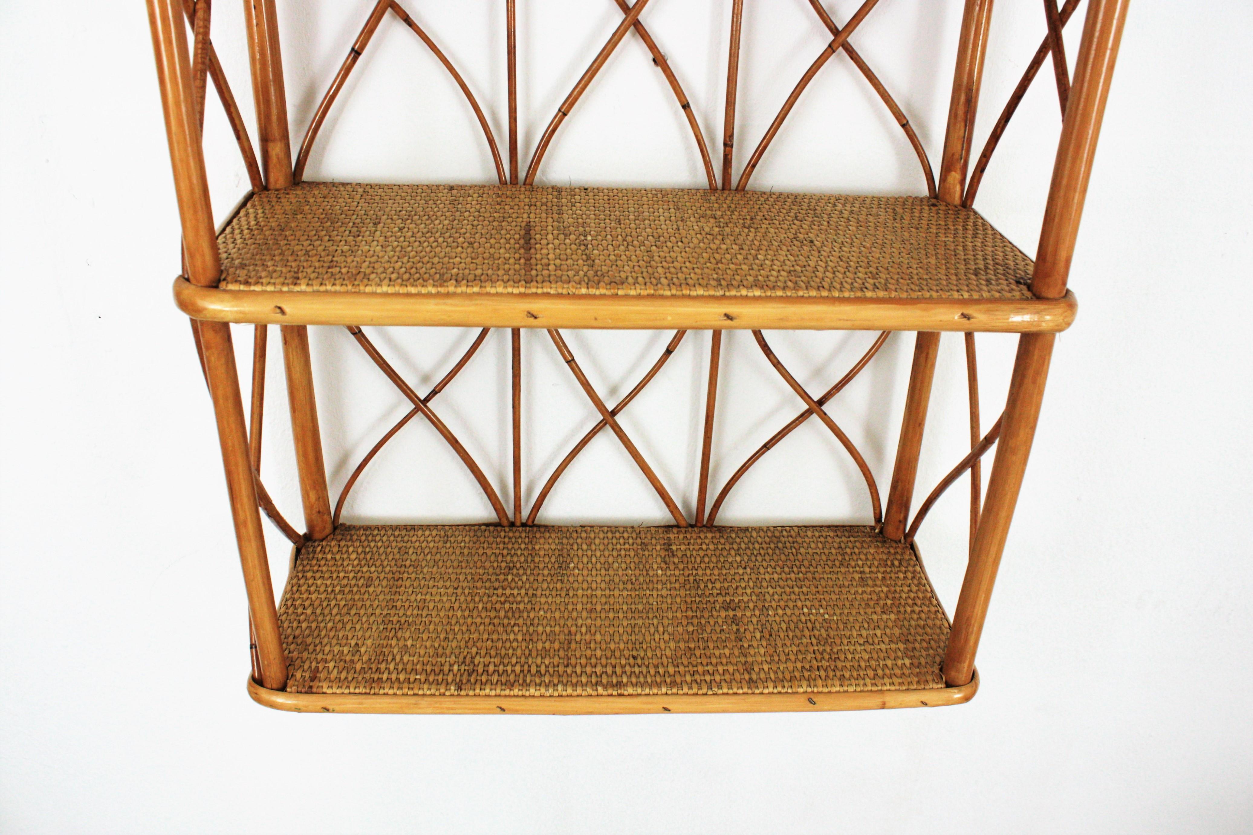 Pair of Bamboo and Rattan Wall Shelves with Round Tops 5