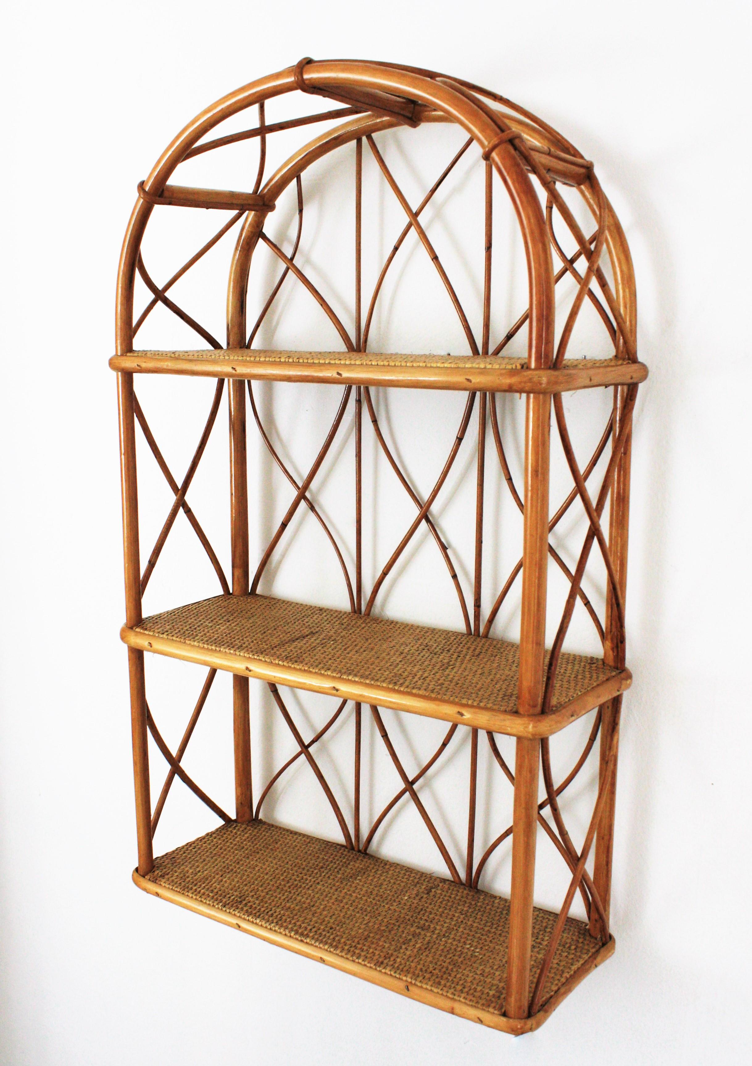 Pair of Bamboo and Rattan Wall Shelves with Round Tops 6