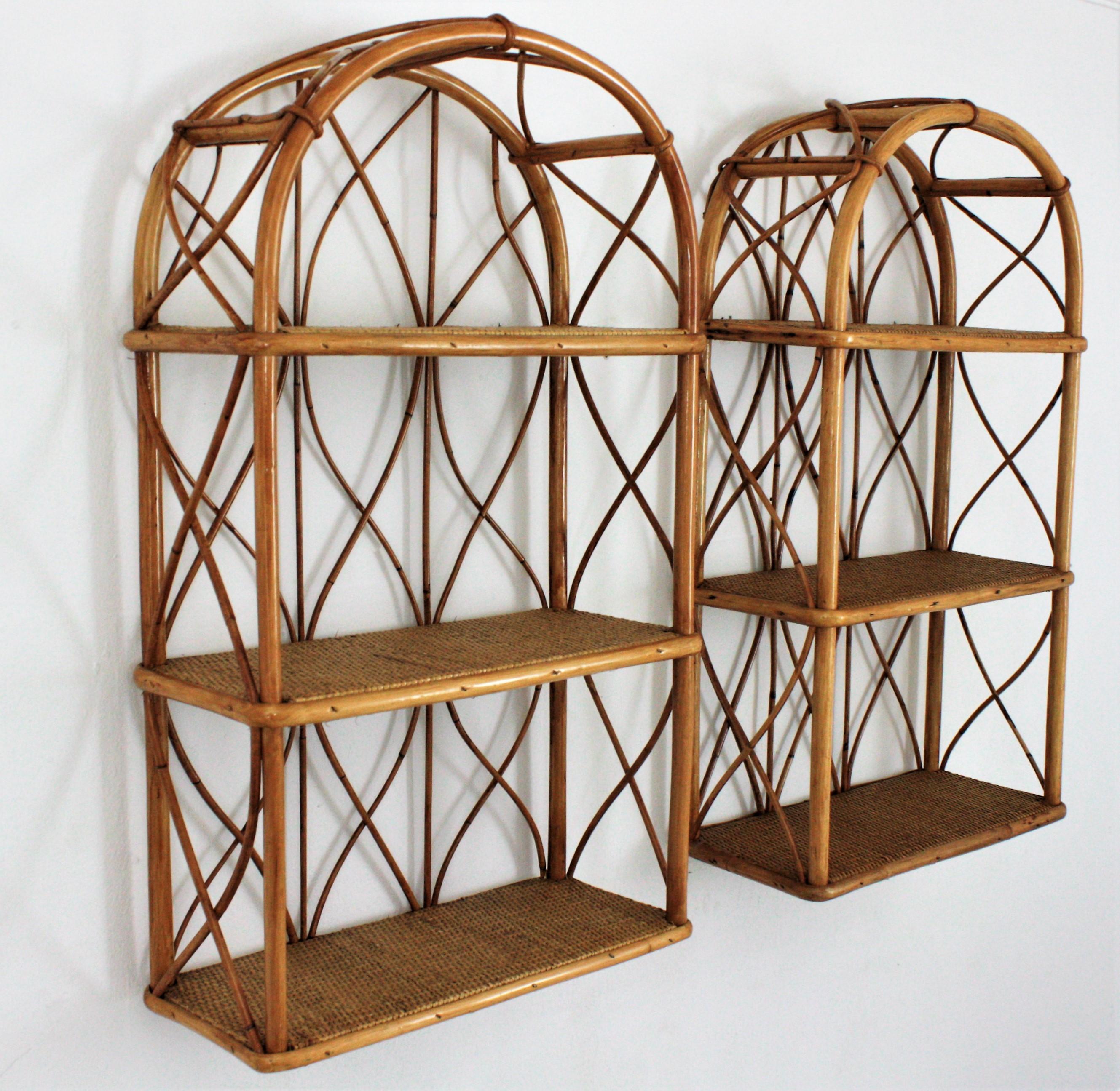 Pair of Bamboo and Rattan Wall Shelves with Round Tops 7