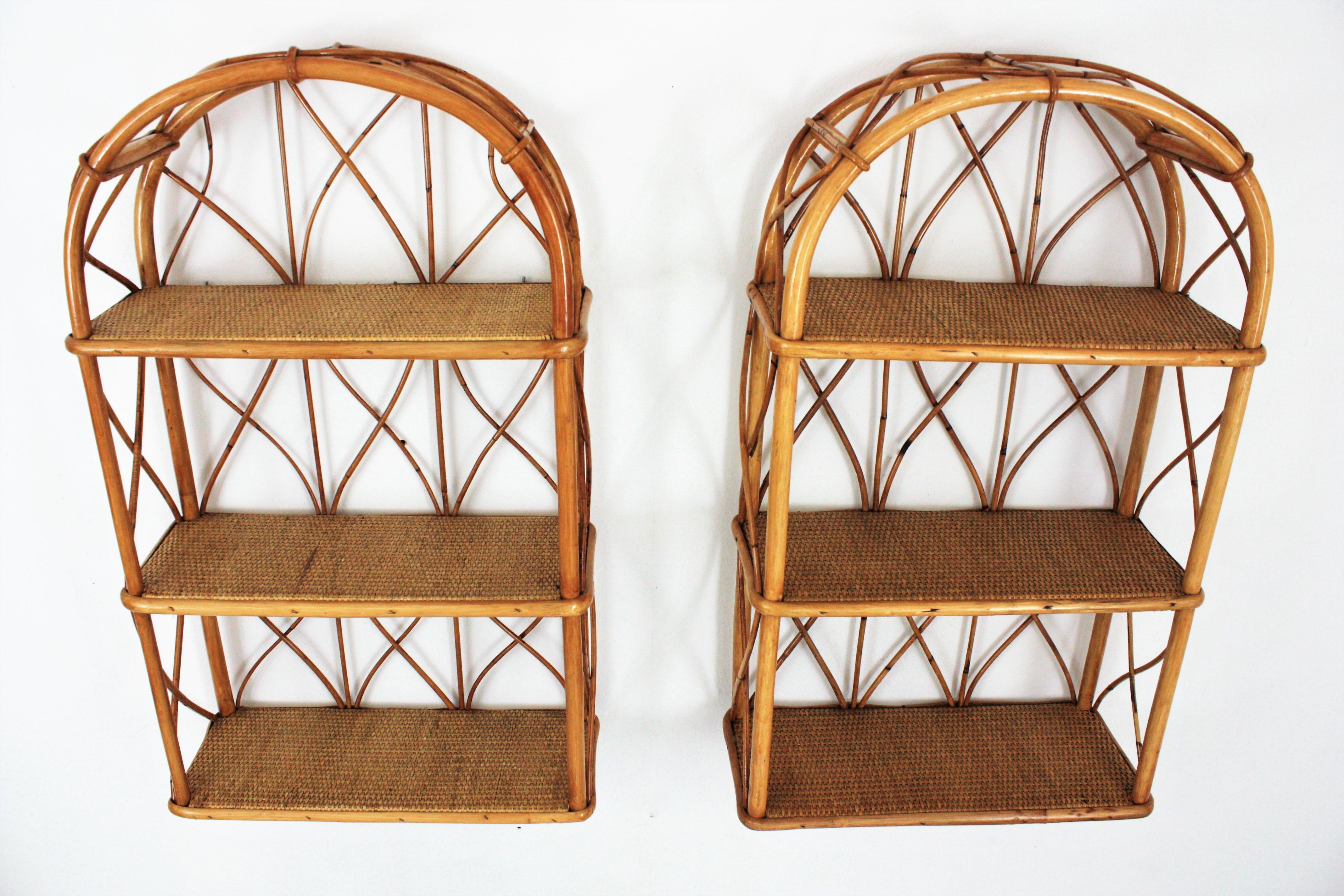 Pair of Bamboo and Rattan Wall Shelves with Round Tops 8