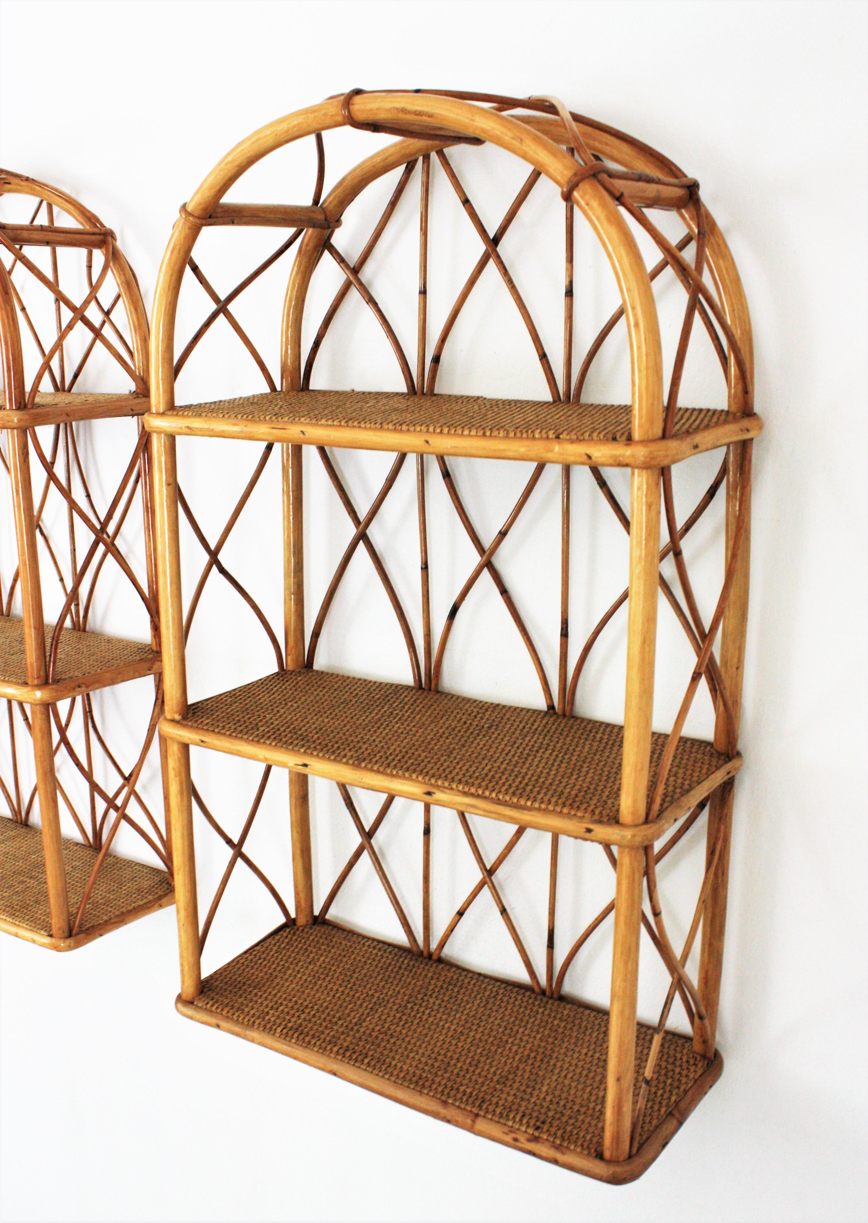 Pair of Bamboo and Rattan Wall Shelves with Round Tops 9