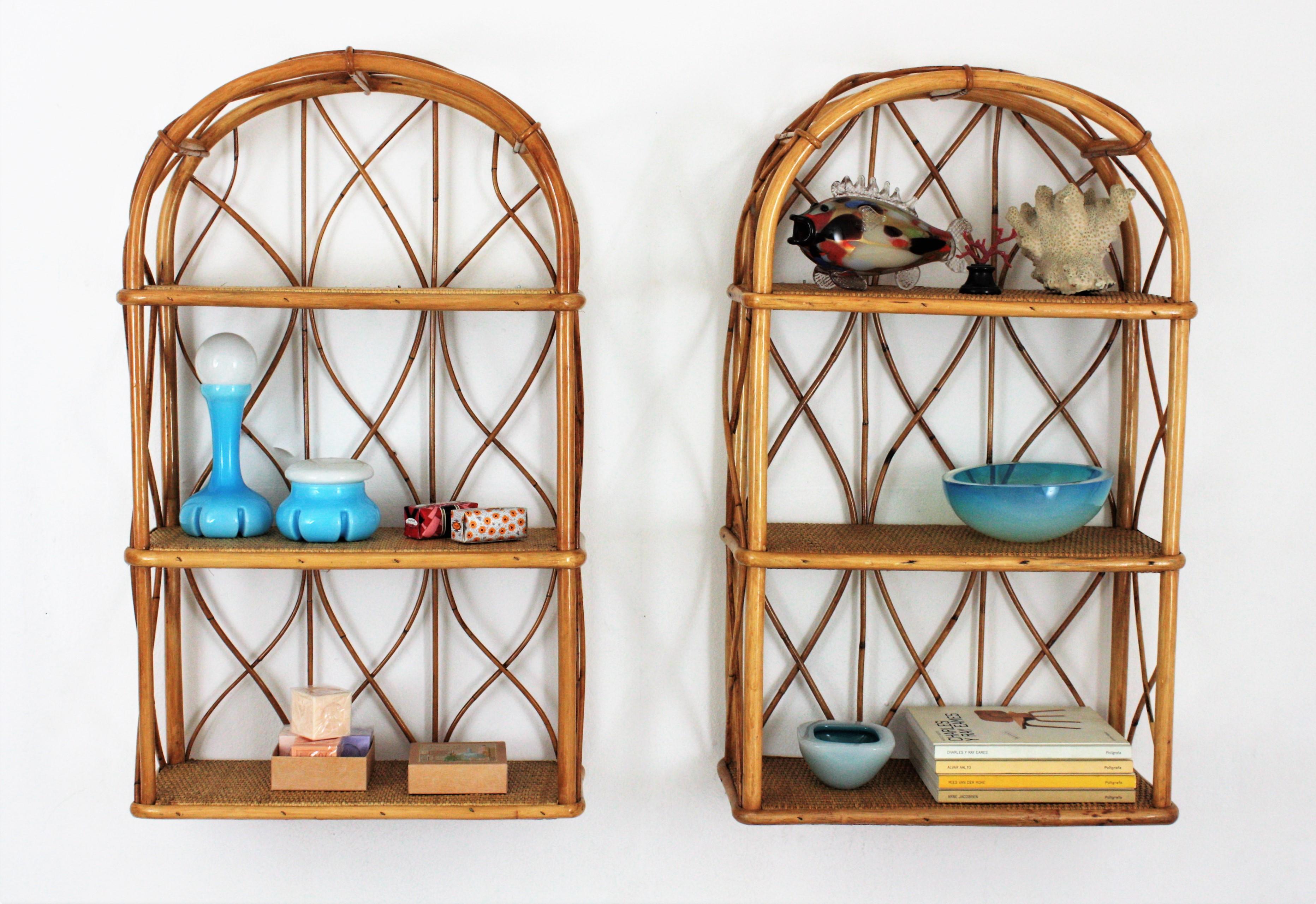 Pair of Bamboo and Rattan Wall Shelves with Round Tops 10