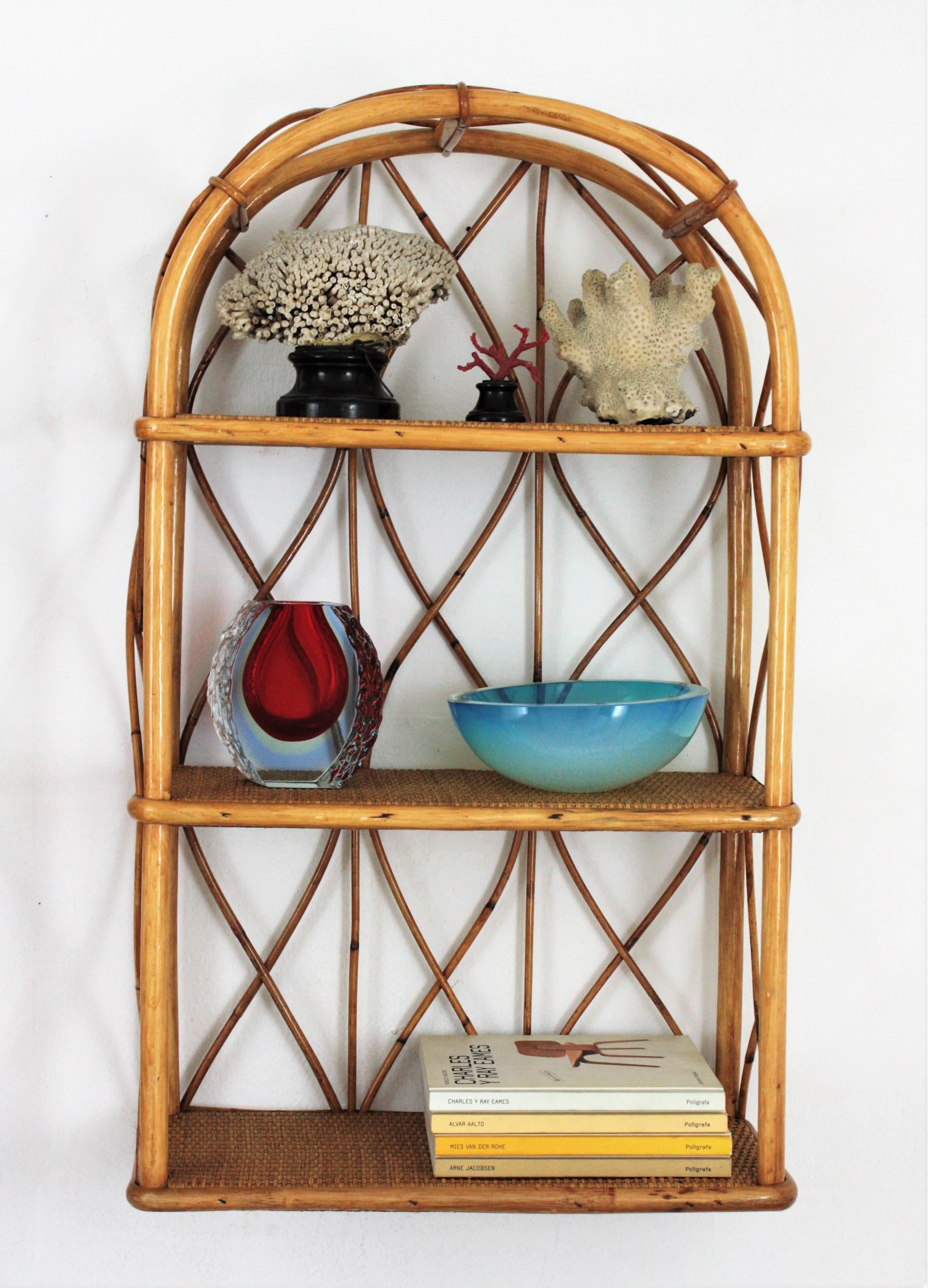 Mid-Century Modern Pair of Bamboo and Rattan Wall Shelves with Round Tops