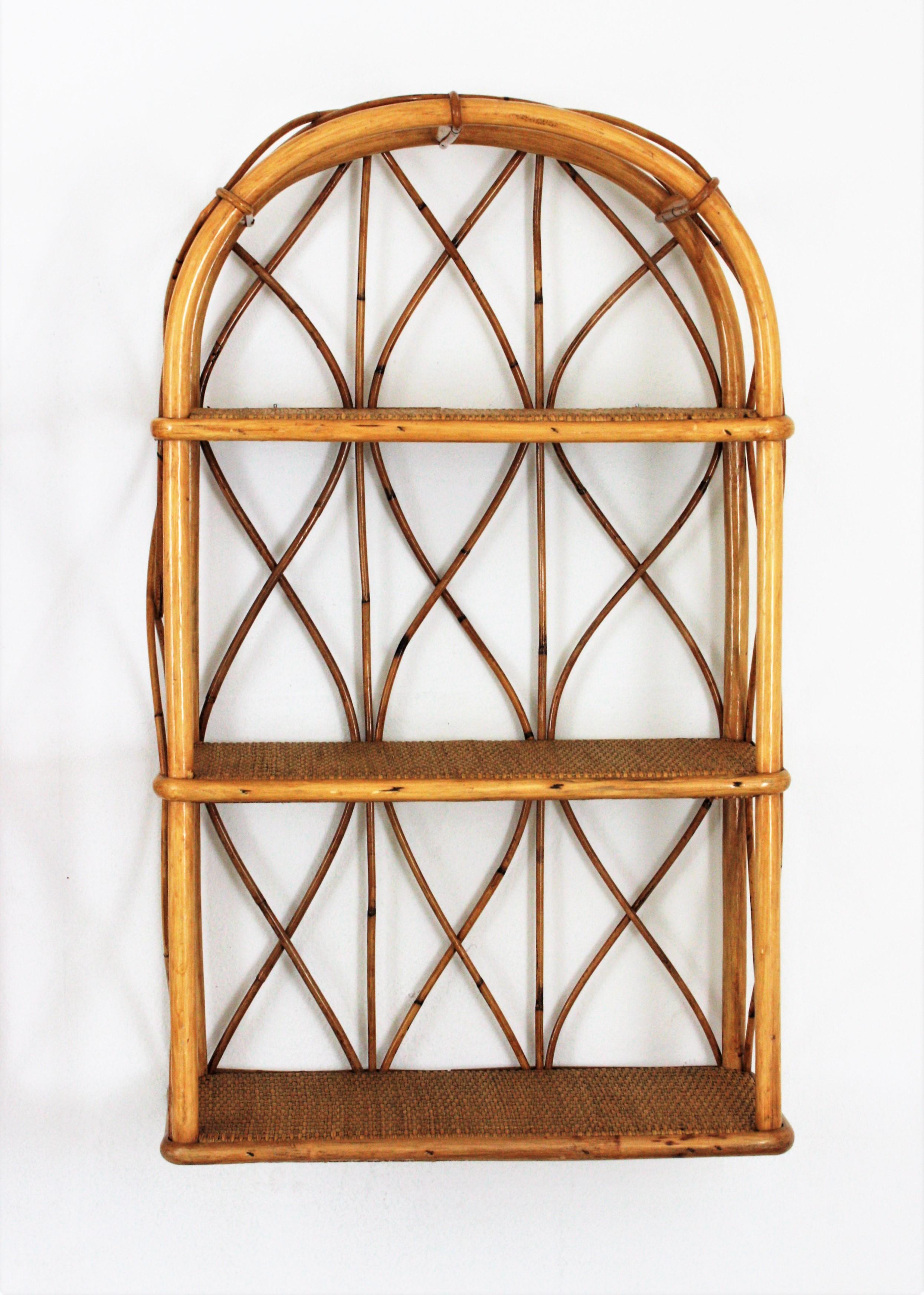 European Pair of Bamboo and Rattan Wall Shelves with Round Tops