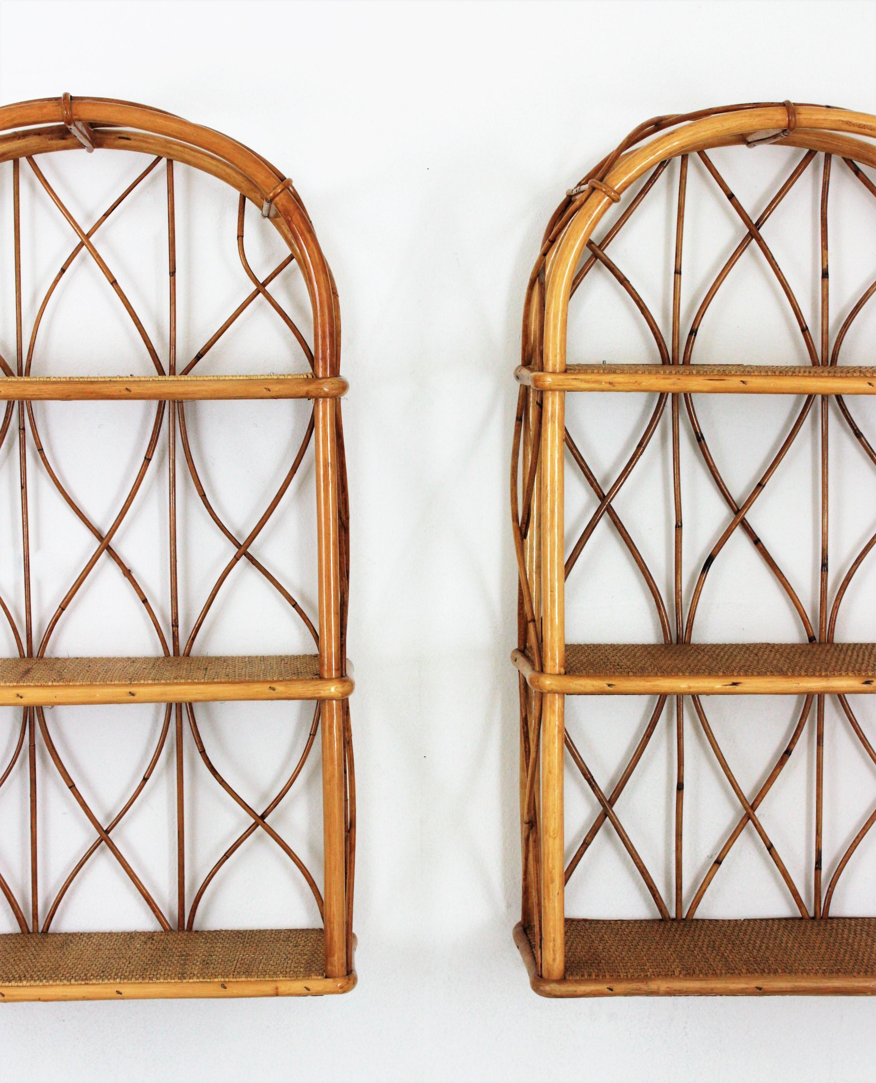 20th Century Pair of Bamboo and Rattan Wall Shelves with Round Tops