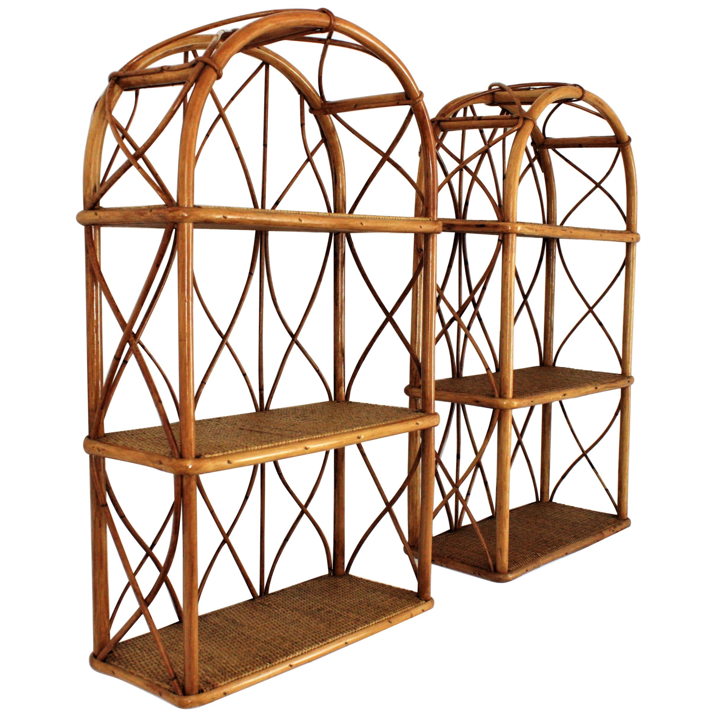 Pair of Bamboo and Rattan Wall Shelves with Round Tops