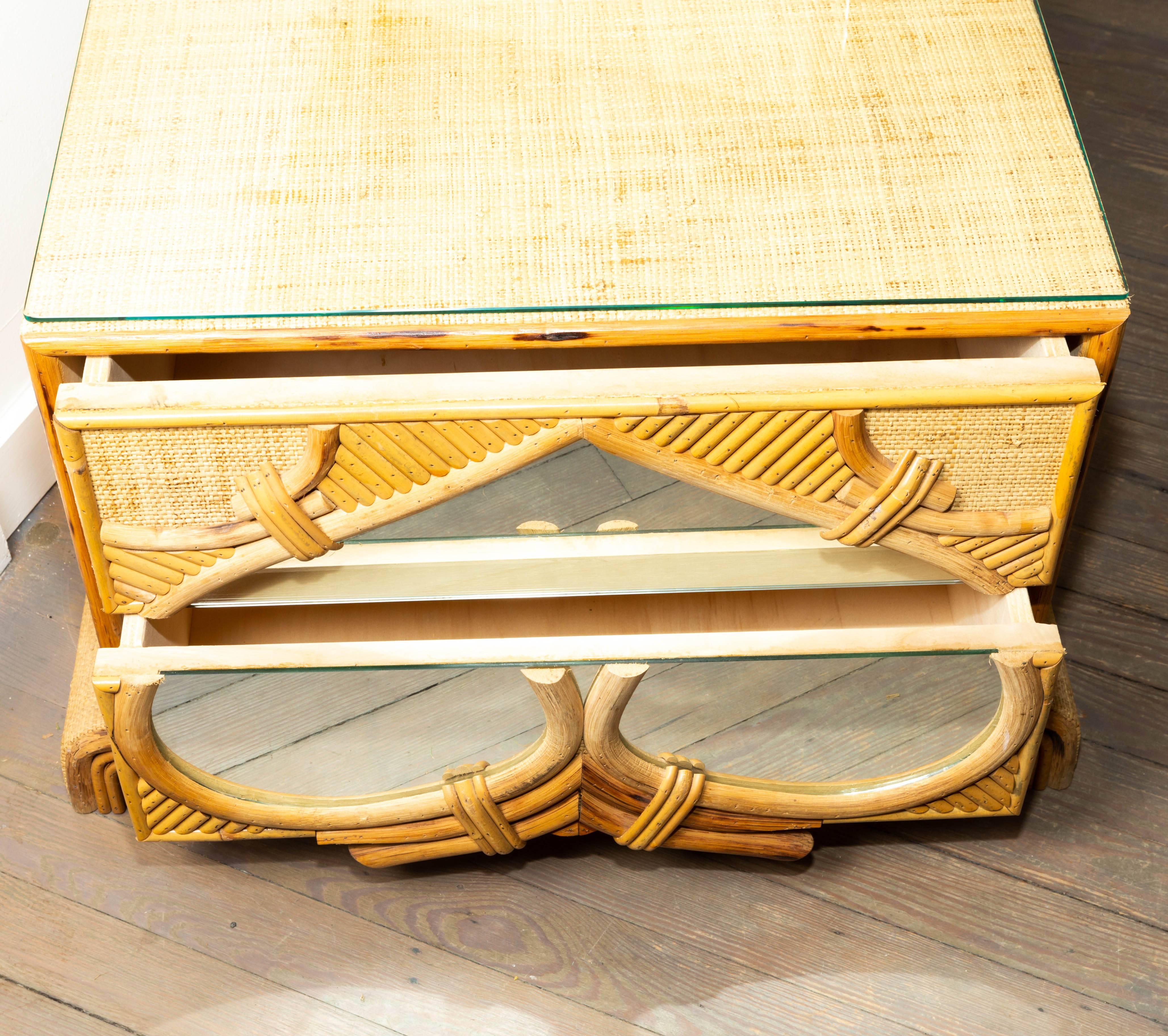 Mid-Century Modern Pair of Bamboo and Reed Two-Drawer Chests with Glass Tops For Sale