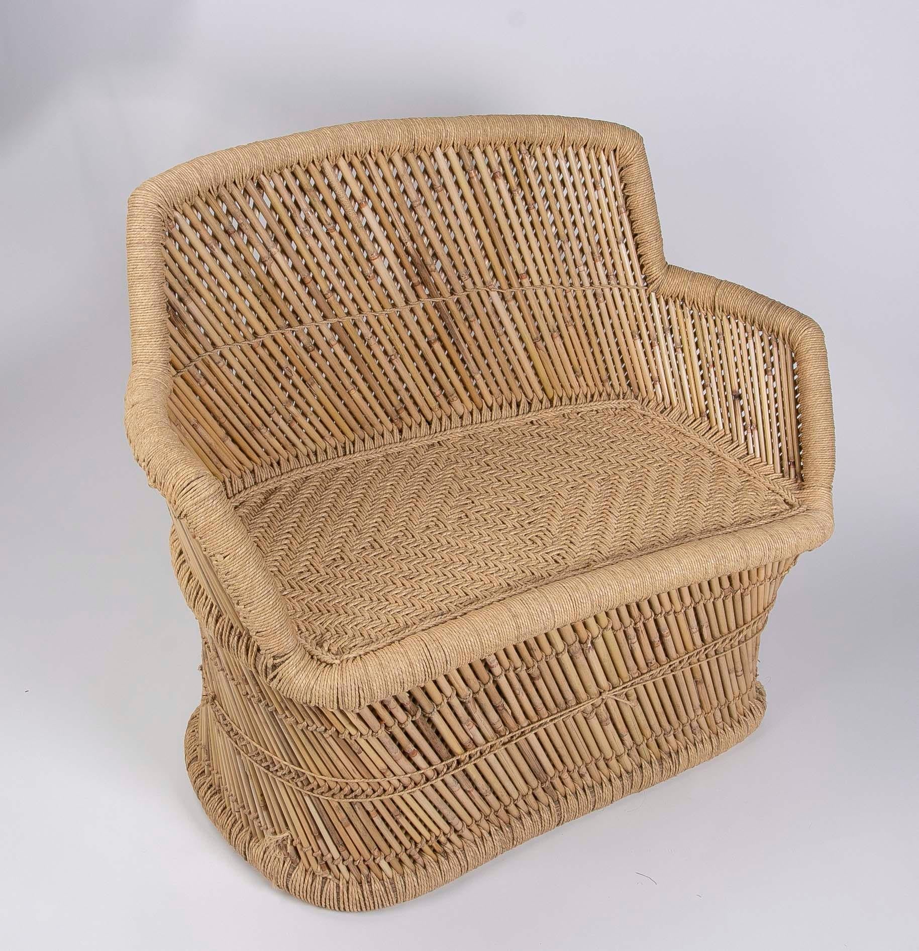 Hand-Woven Pair of Bamboo and Rope Hand-Stiched  Sofas For Sale