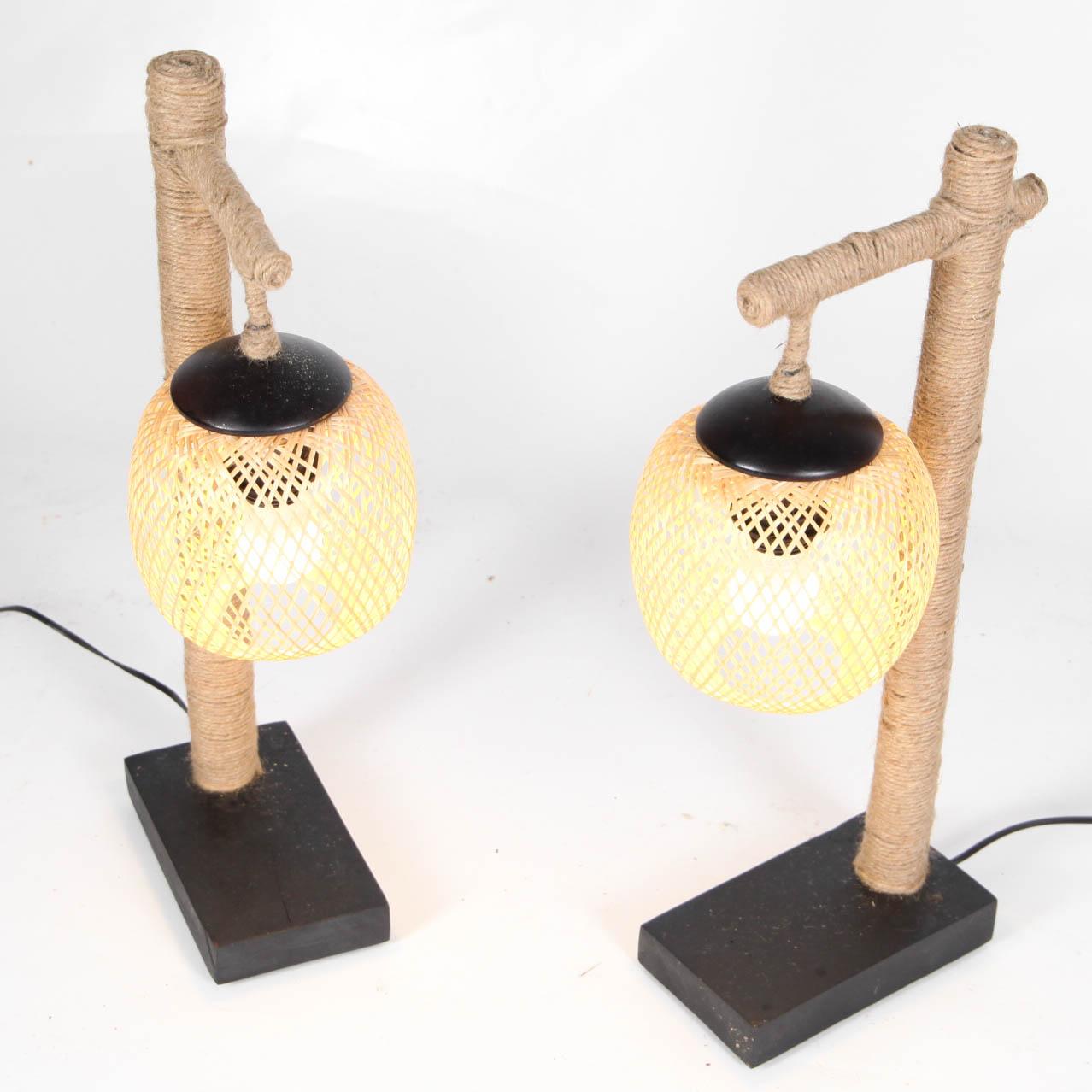 French Pair of Bamboo and Rope Table Lamps For Sale