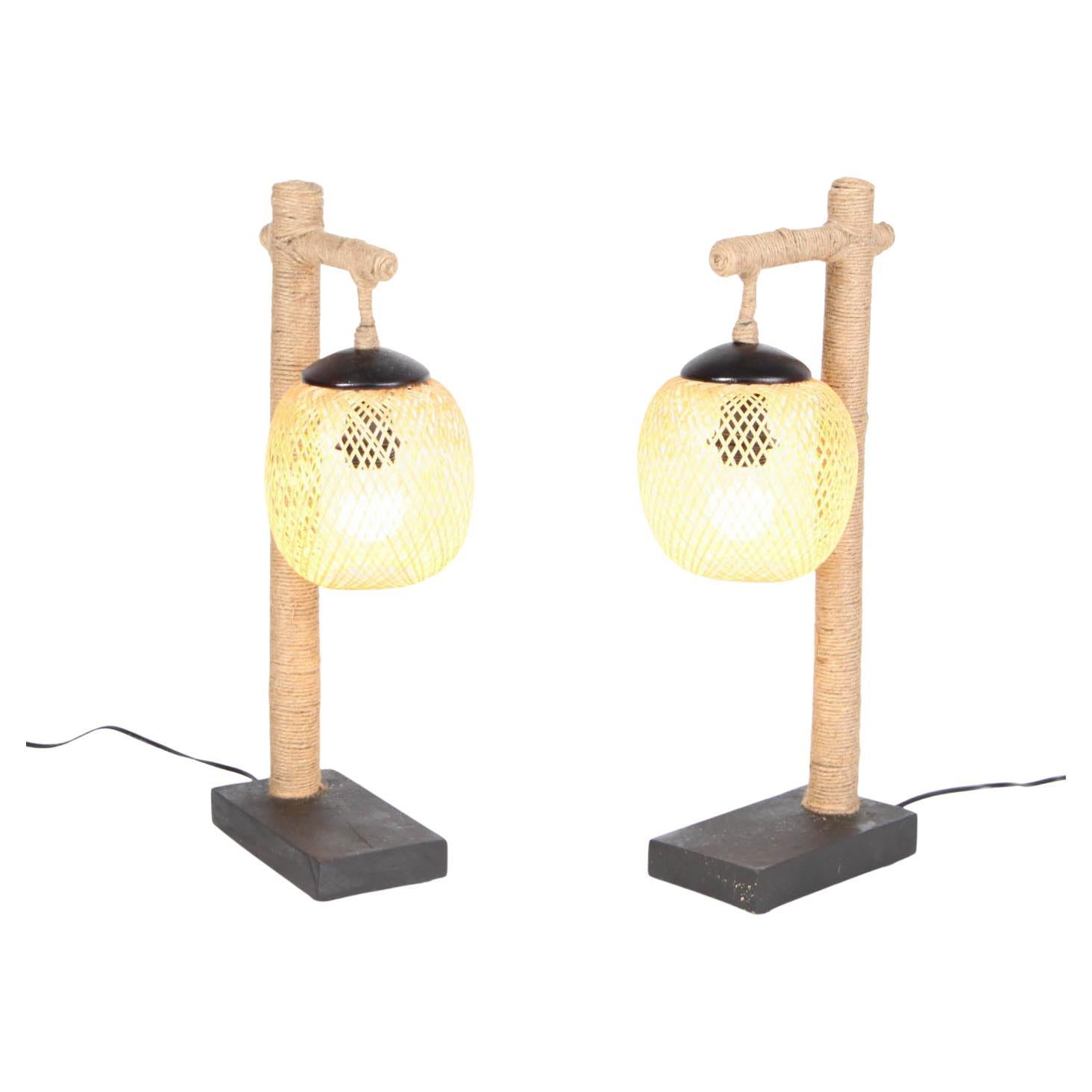 Paire de lampes de table en bambou et corde en vente