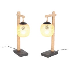 Paire de lampes de table en bambou et corde