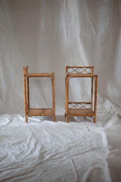 Pair of Bamboo and Rush Fabric Side Tables – 1970s