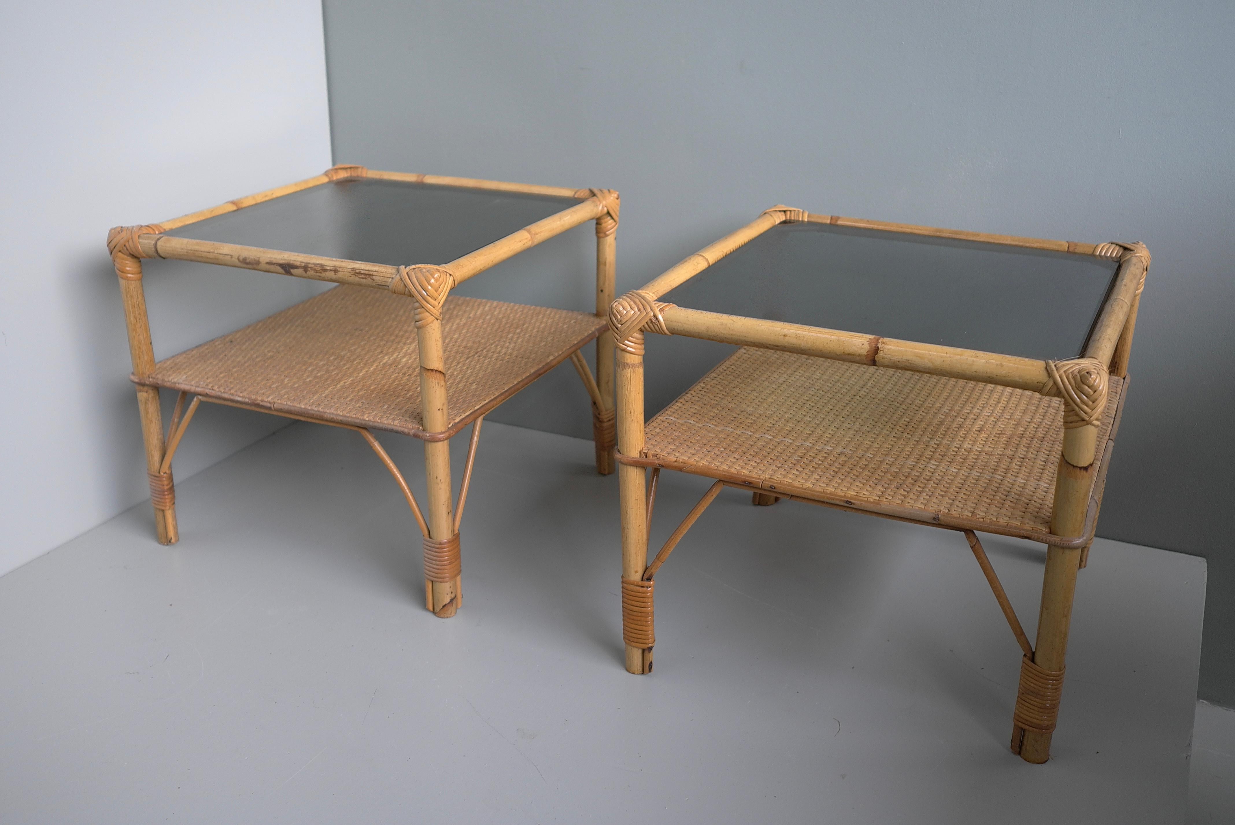 Pair of Bamboo and Smoked Glass Mid-Century Side Tables, France 1960's For Sale 4
