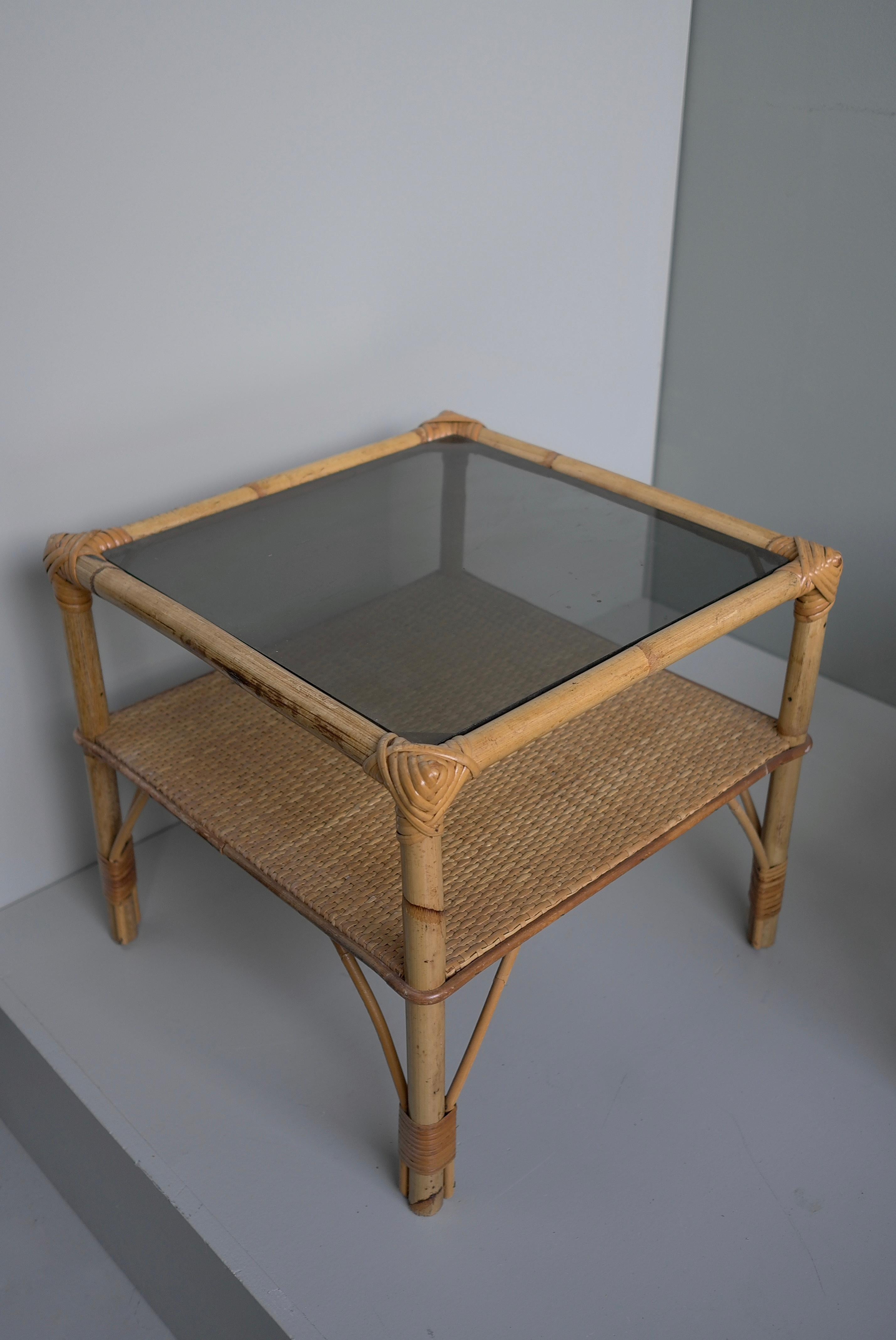 Pair of Bamboo and Smoked Glass Mid-Century Side Tables, 1960's