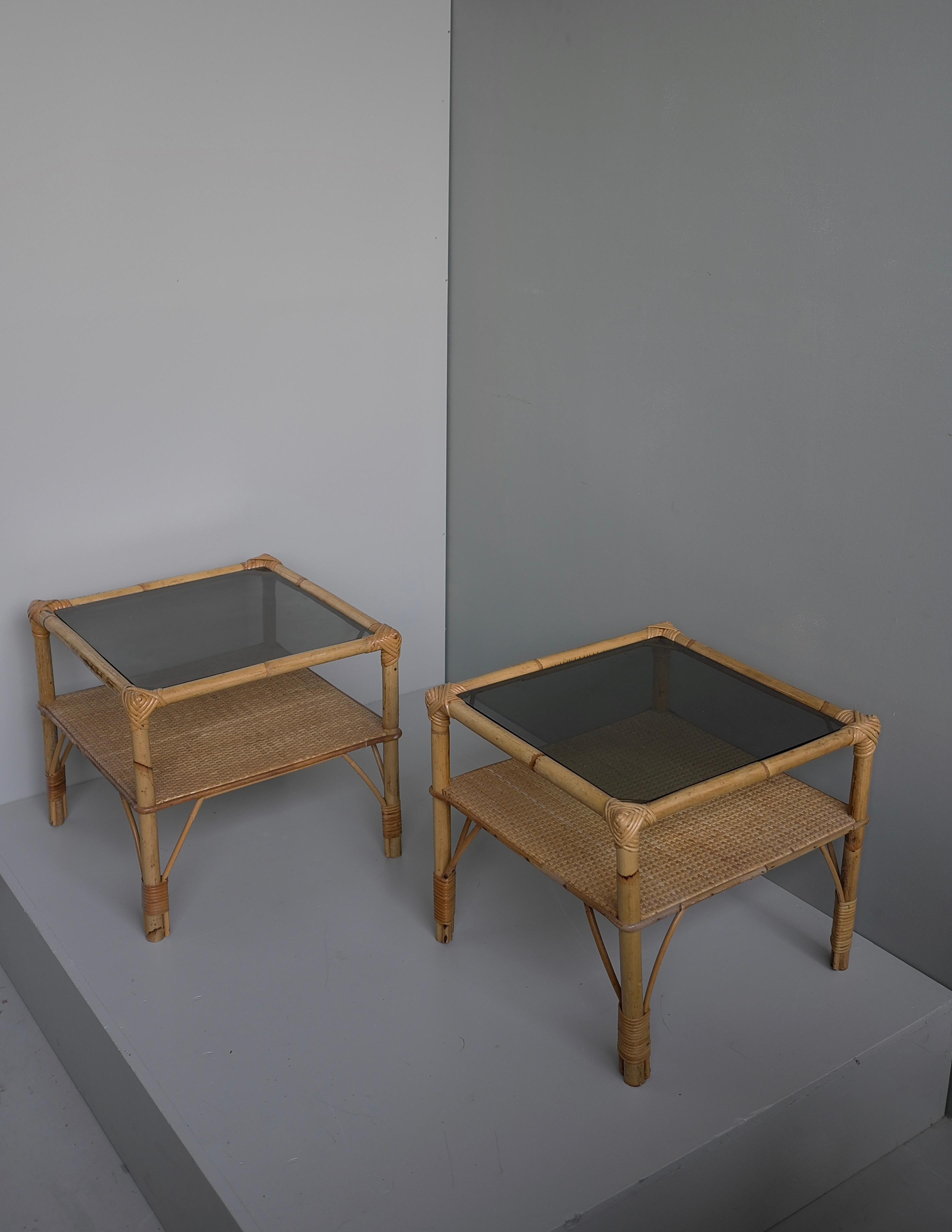 Mid-Century Modern Pair of Bamboo and Smoked Glass Mid-Century Side Tables, France 1960's For Sale