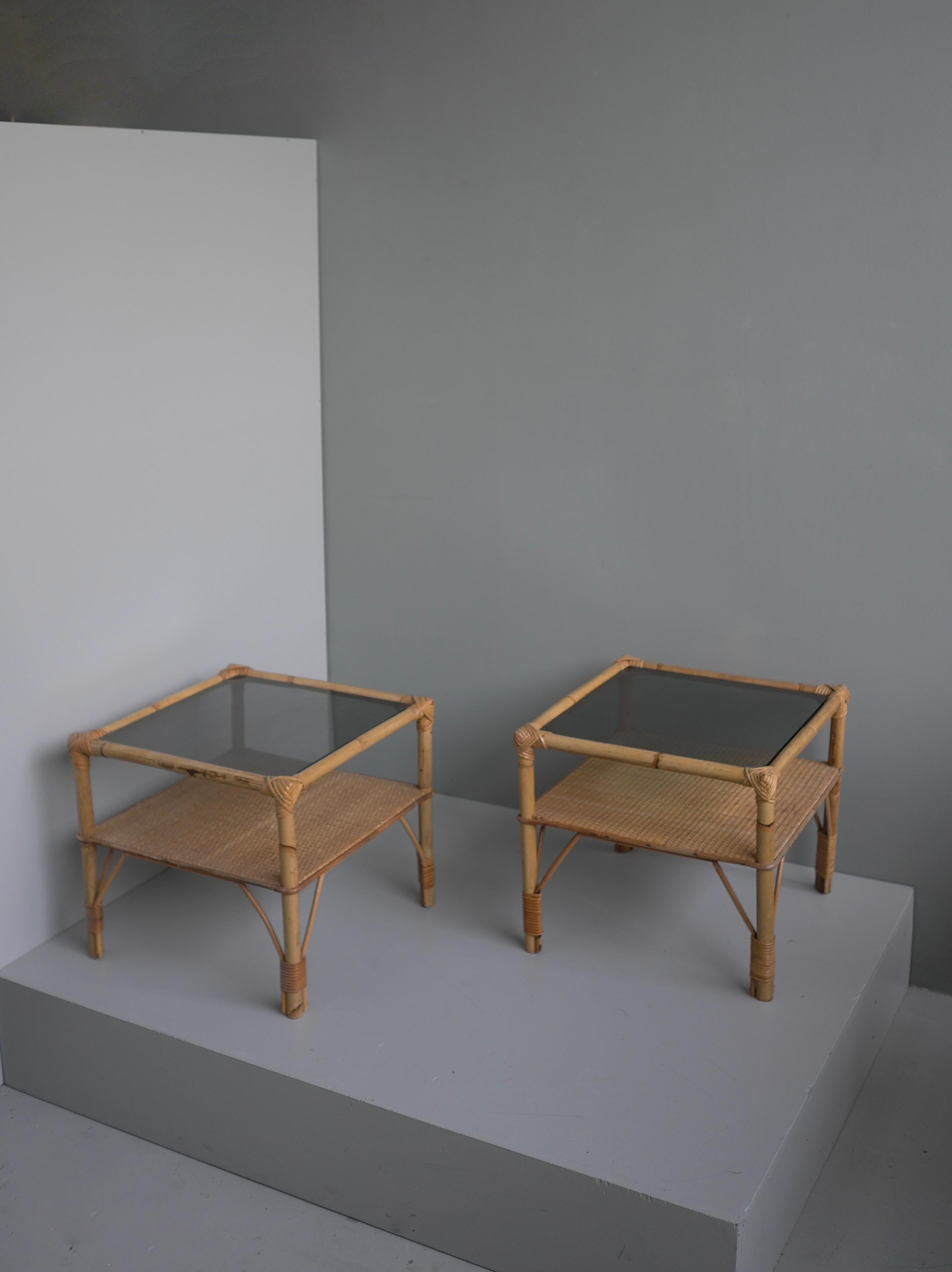 Mid-20th Century Pair of Bamboo and Smoked Glass Mid-Century Side Tables, France 1960's For Sale