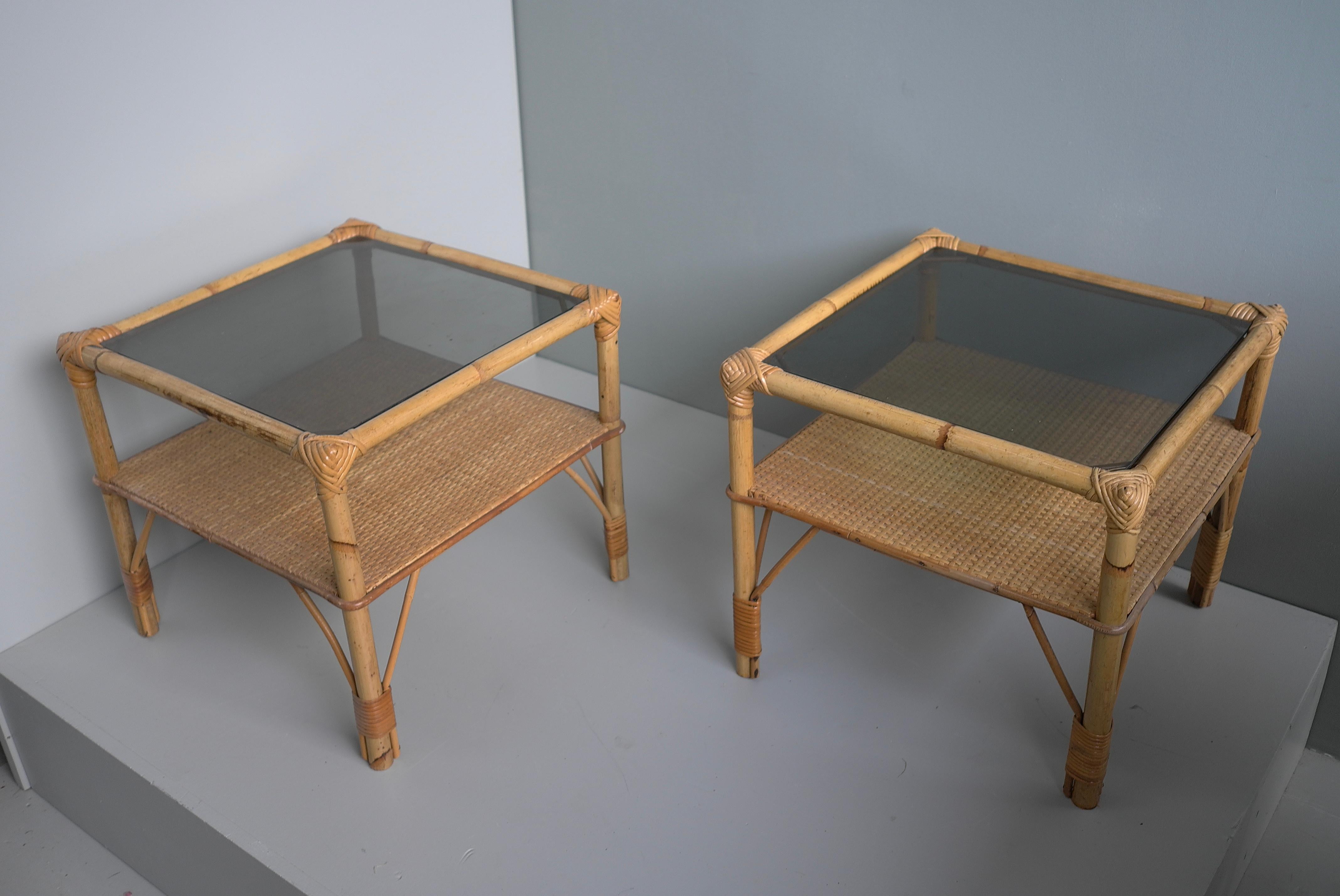 Pair of Bamboo and Smoked Glass Mid-Century Side Tables, France 1960's For Sale 1