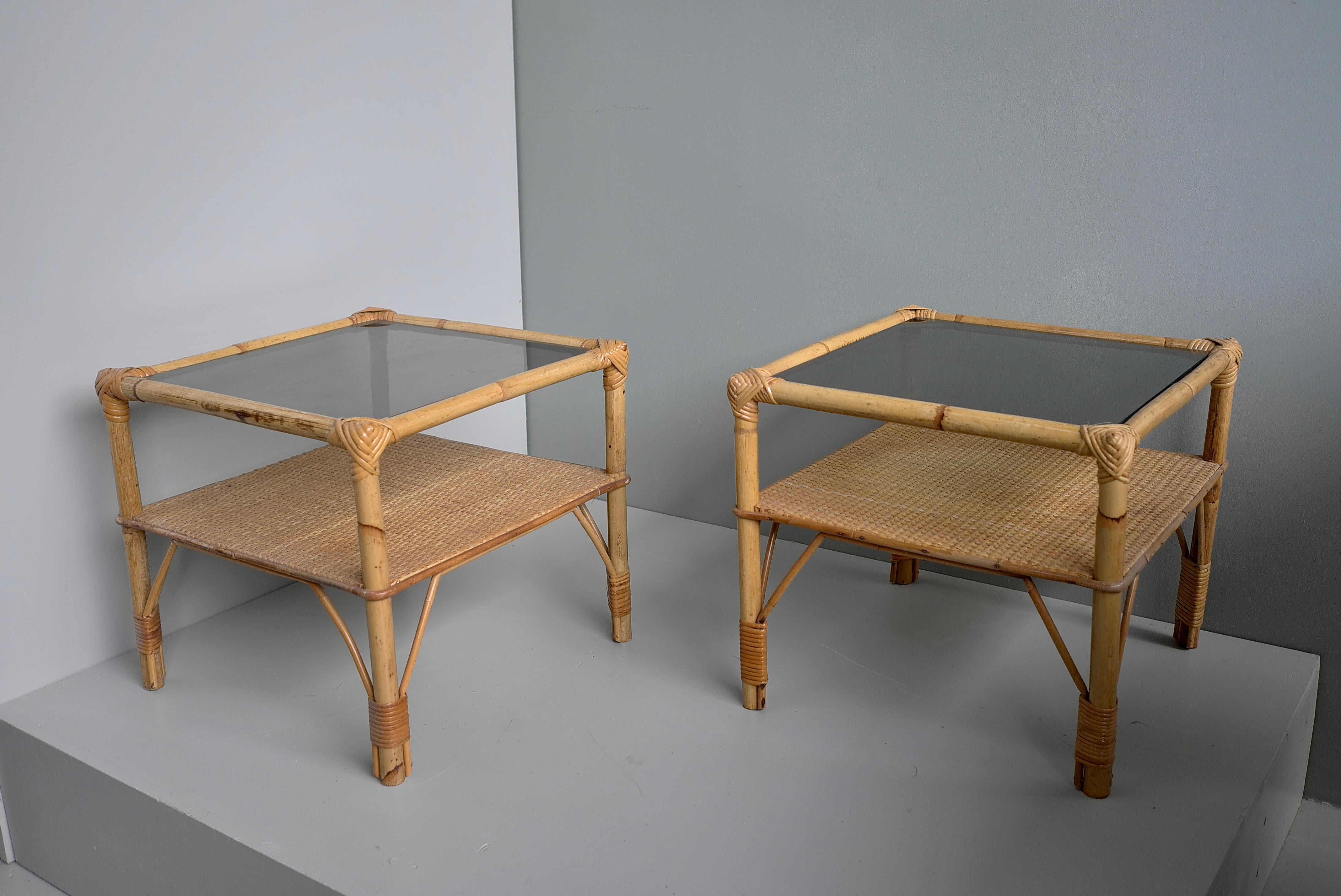 Pair of Bamboo and Smoked Glass Mid-Century Side Tables, France 1960's For Sale 2