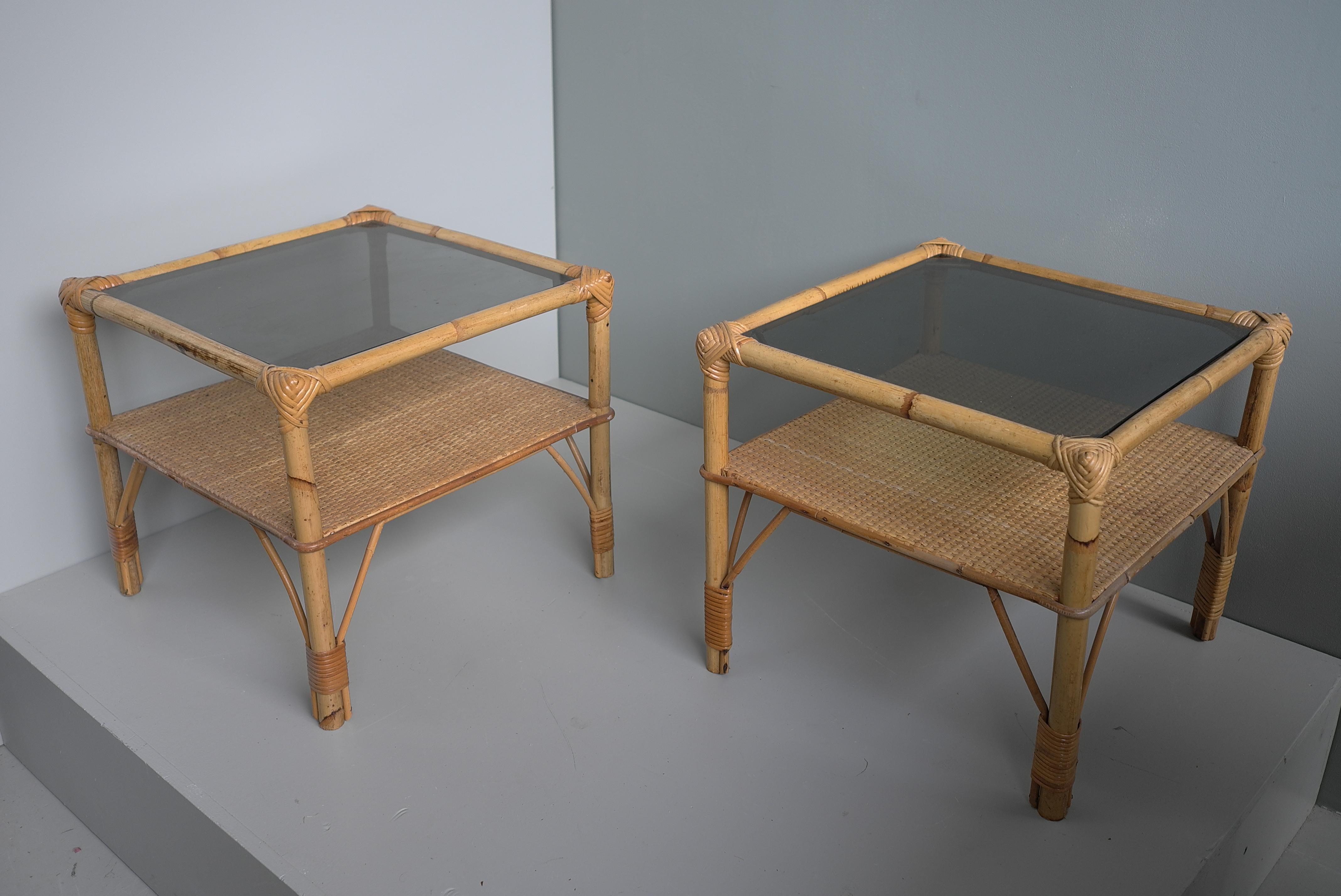 Pair of Bamboo and Smoked Glass Mid-Century Side Tables, France 1960's For Sale 3
