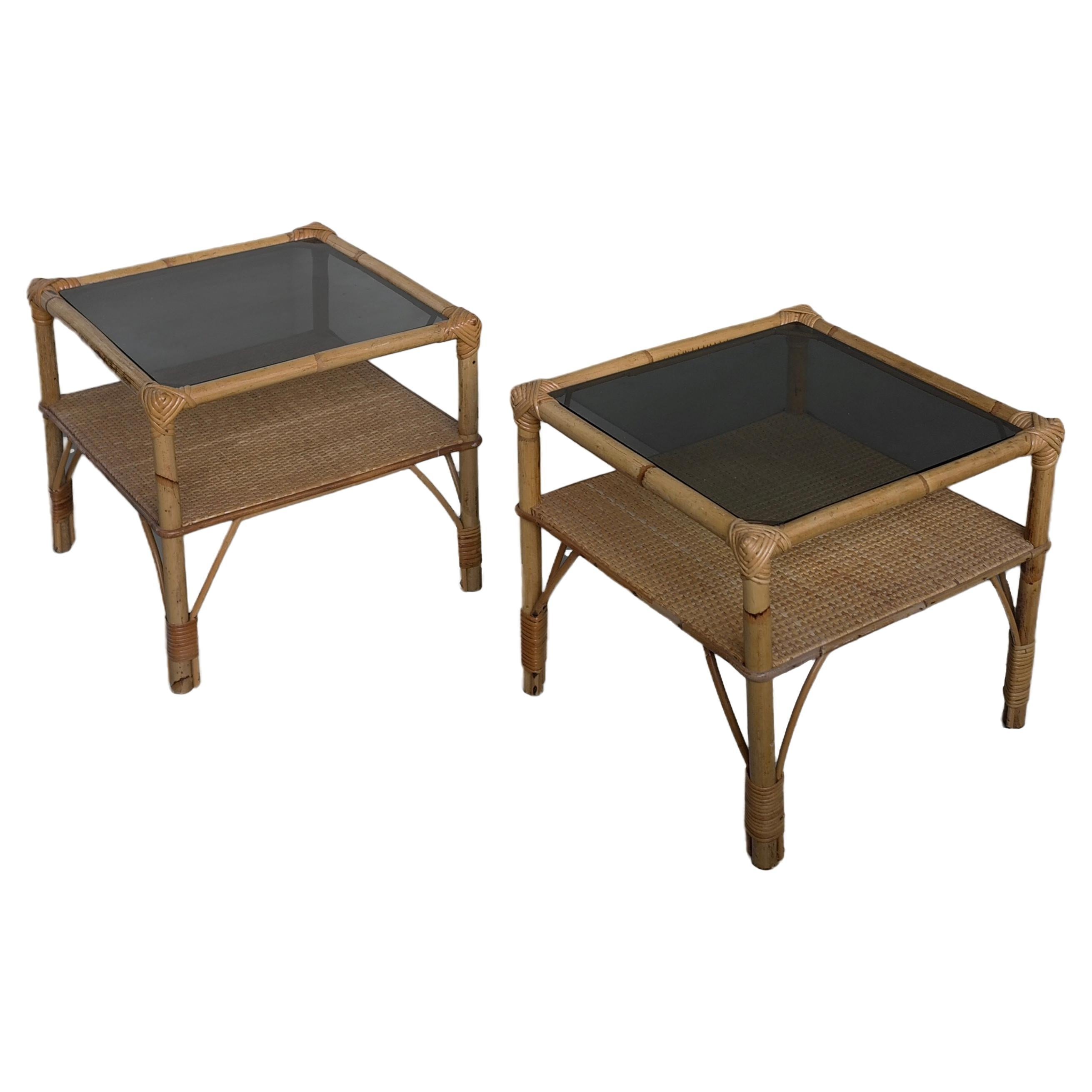 Pair of Bamboo and Smoked Glass Mid-Century Side Tables, France 1960's For Sale