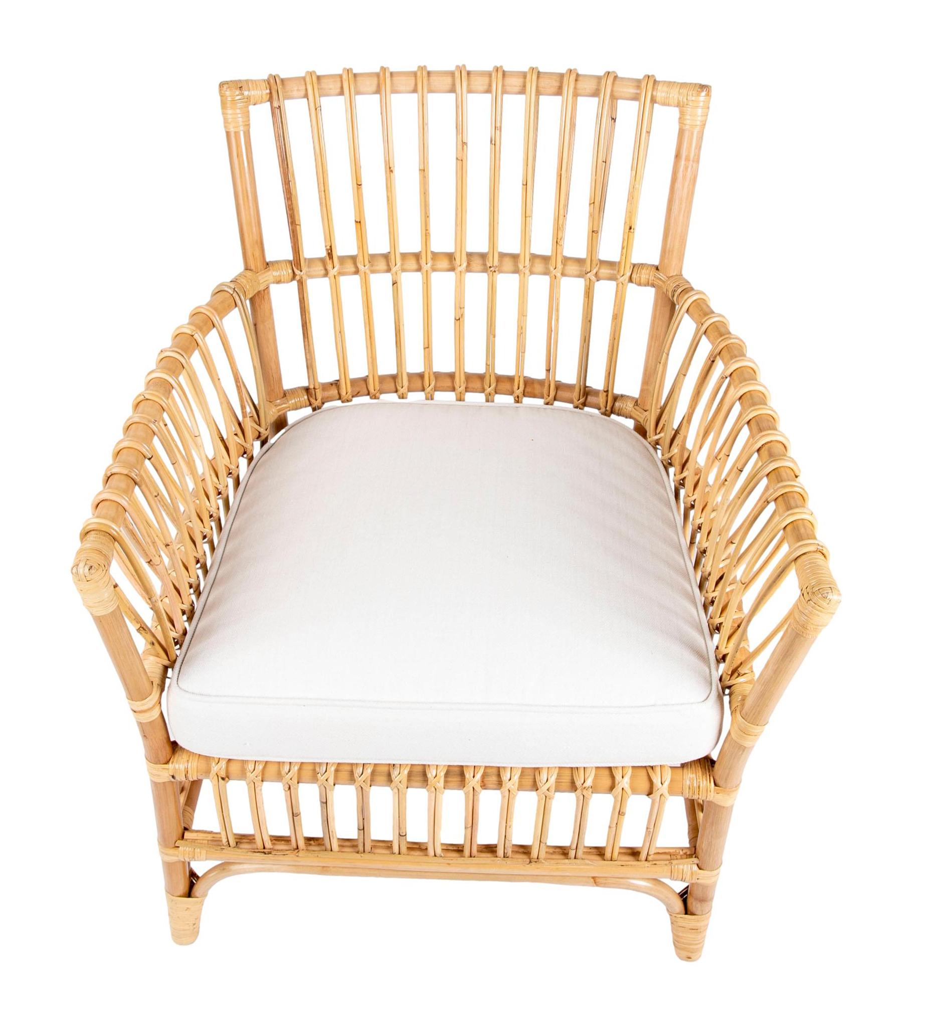 Pair of Bamboo and Wicker Armchairs with White Cushions For Sale 6