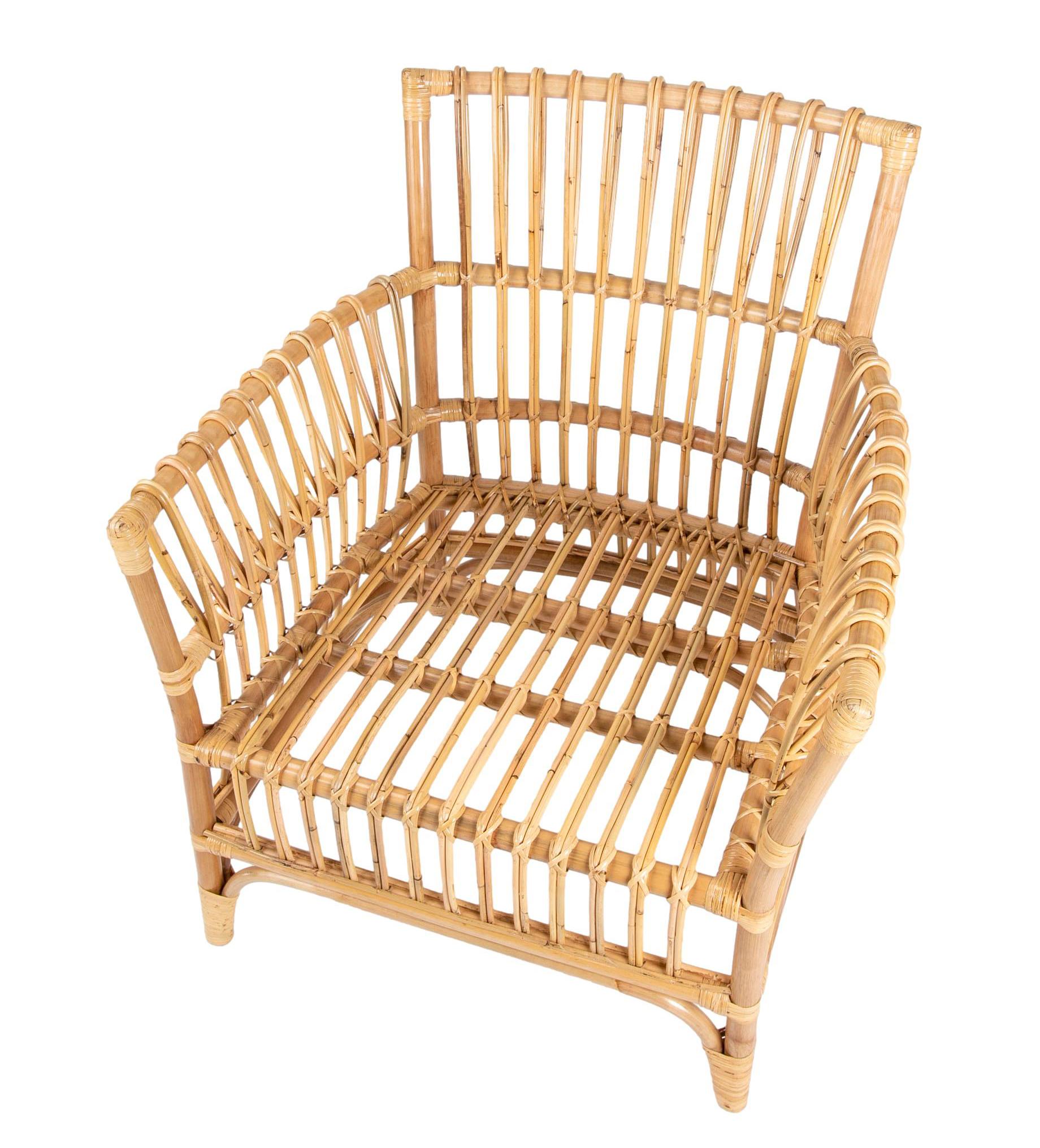 Pair of Bamboo and Wicker Armchairs with White Cushions For Sale 15