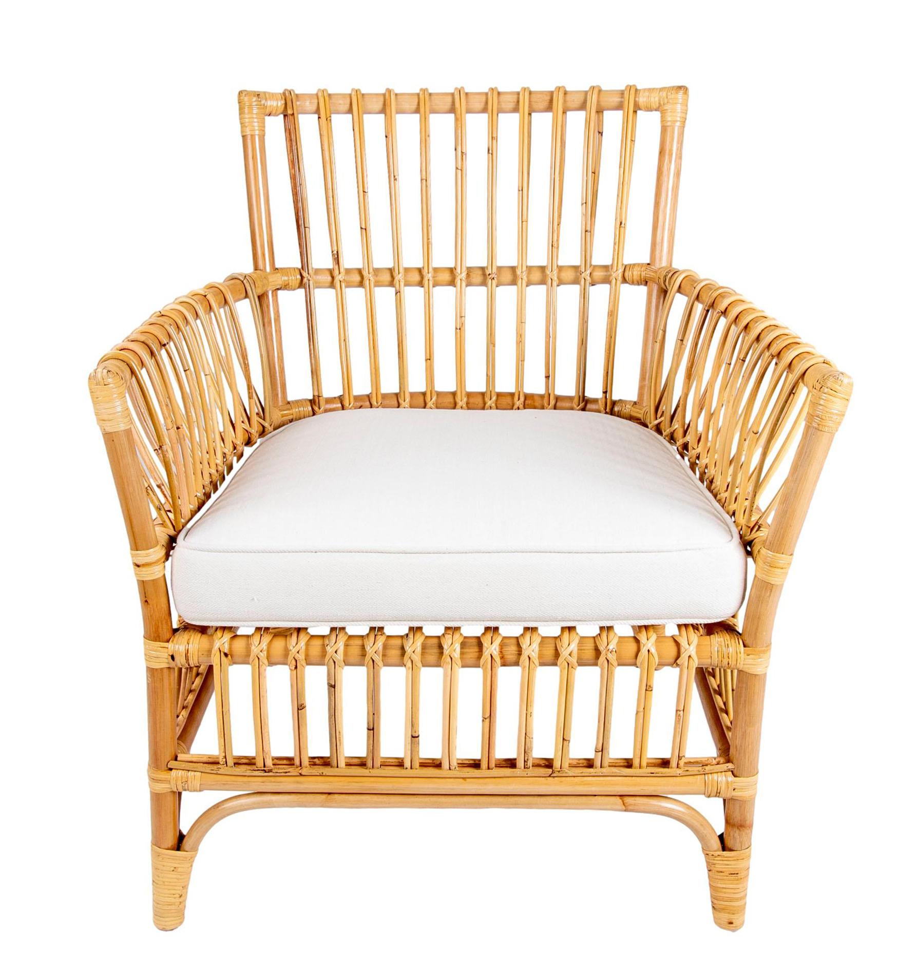 European Pair of Bamboo and Wicker Armchairs with White Cushions For Sale