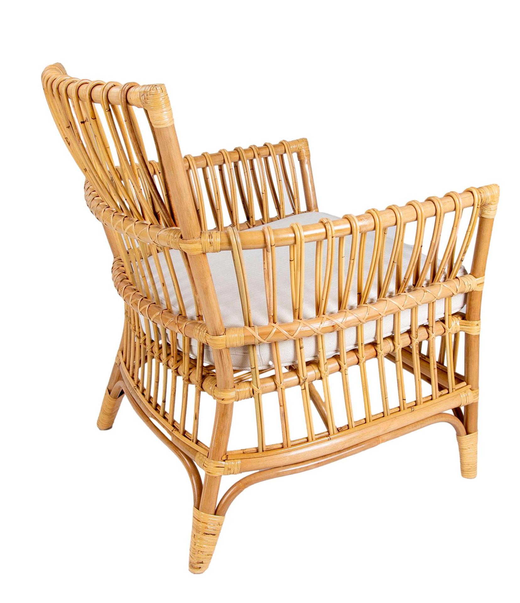 Contemporary Pair of Bamboo and Wicker Armchairs with White Cushions For Sale