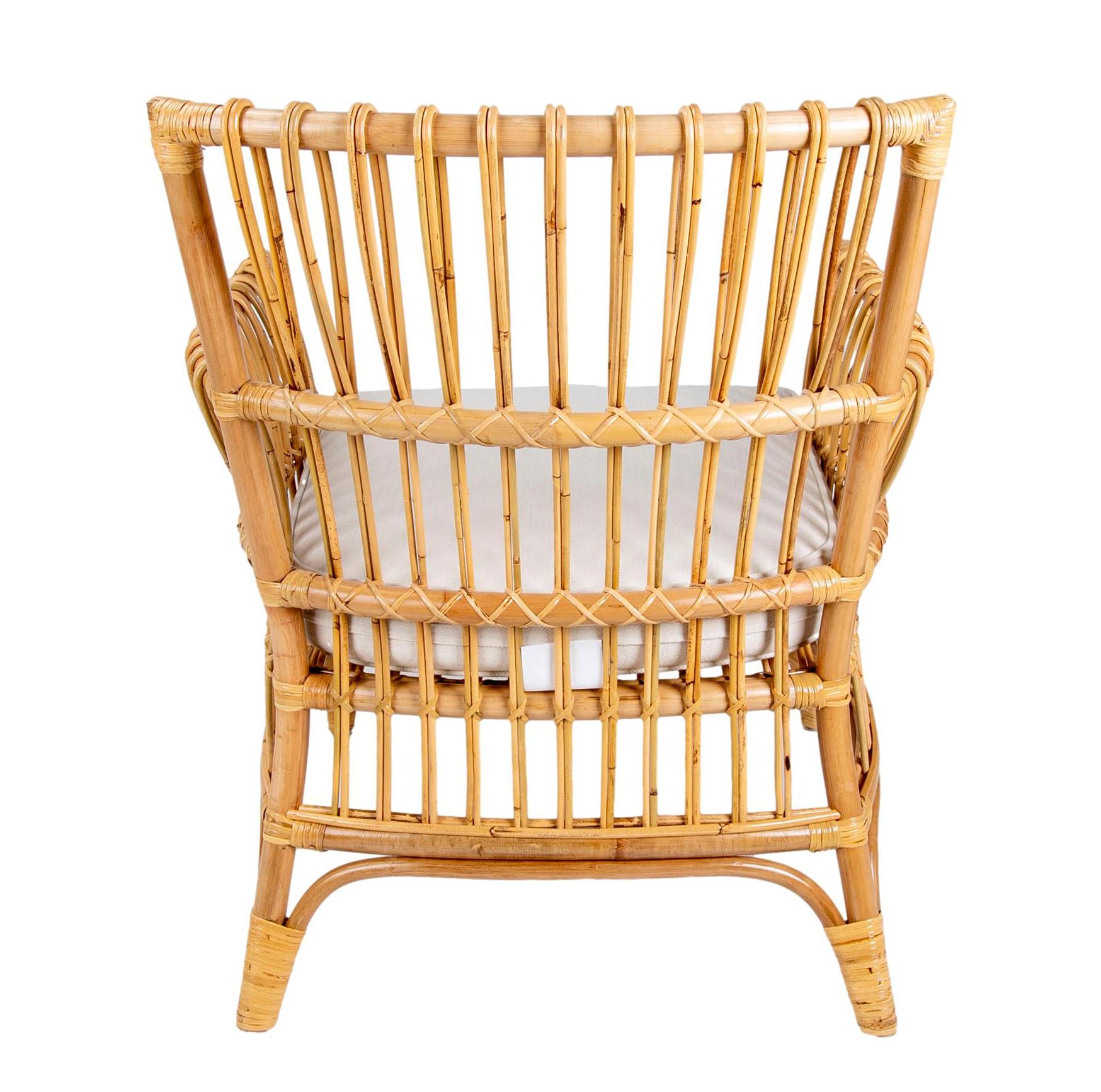 Pair of Bamboo and Wicker Armchairs with White Cushions For Sale 1