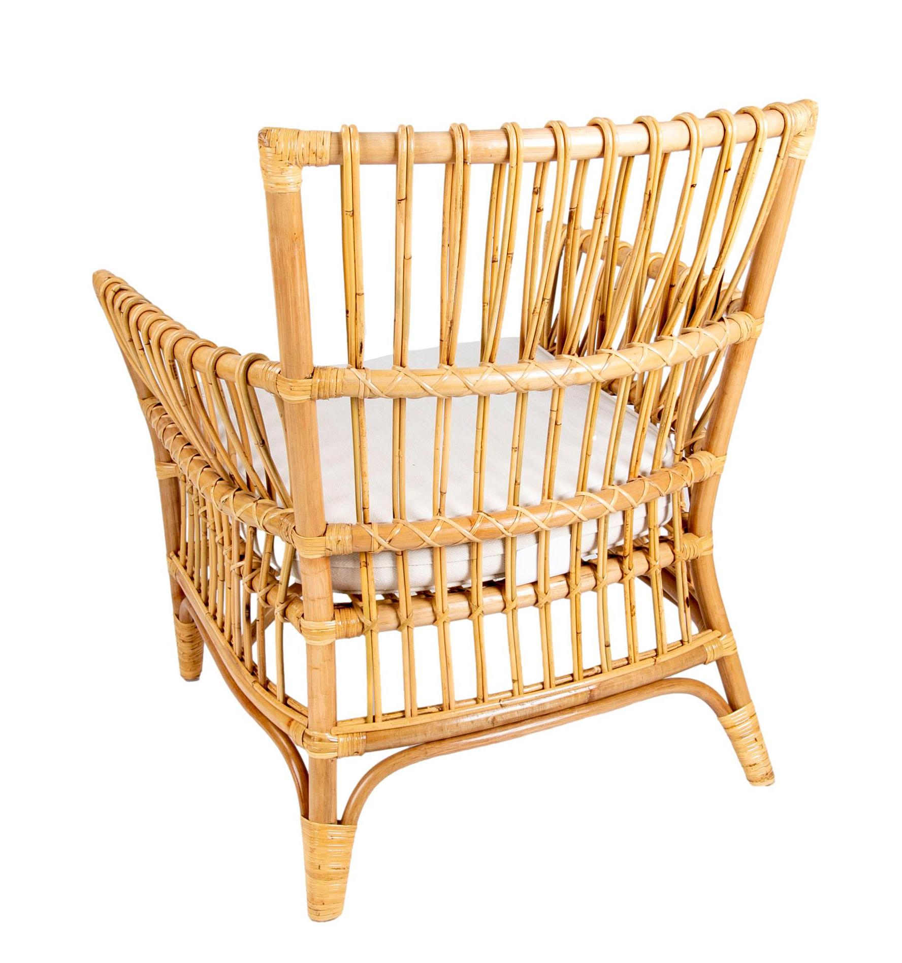 Pair of Bamboo and Wicker Armchairs with White Cushions For Sale 2