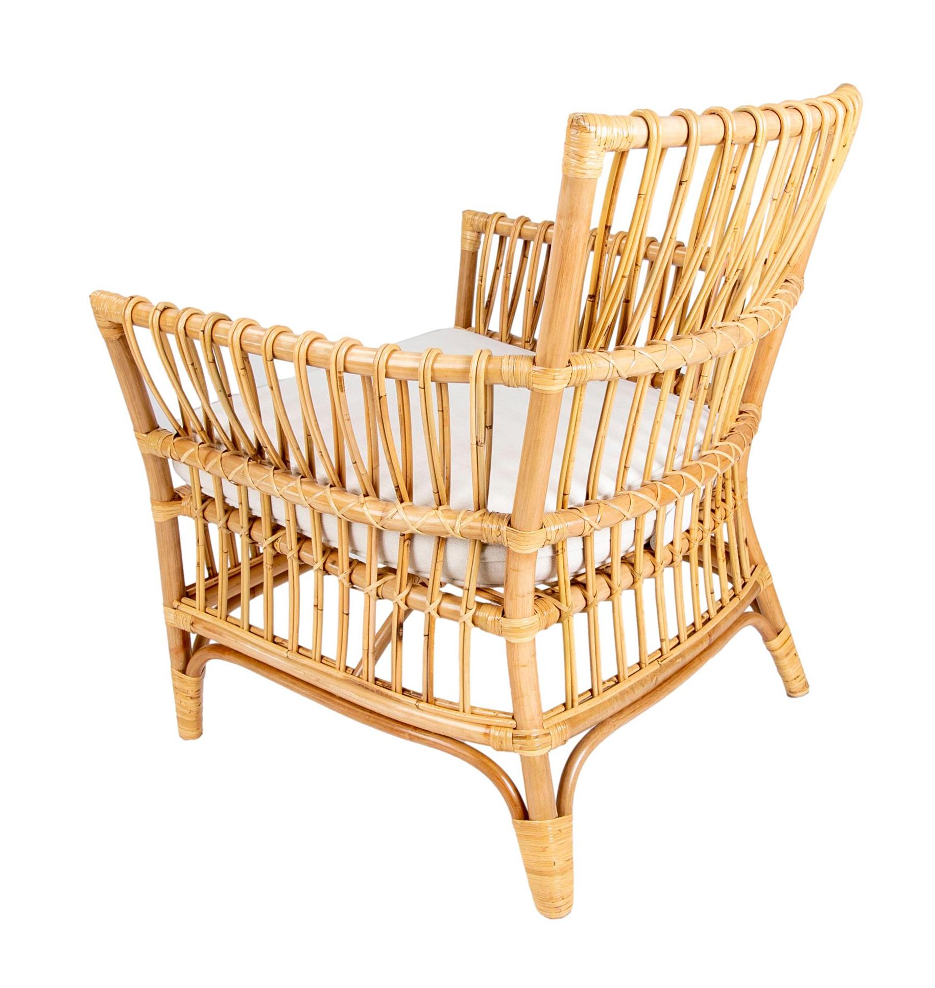 Pair of Bamboo and Wicker Armchairs with White Cushions For Sale 3