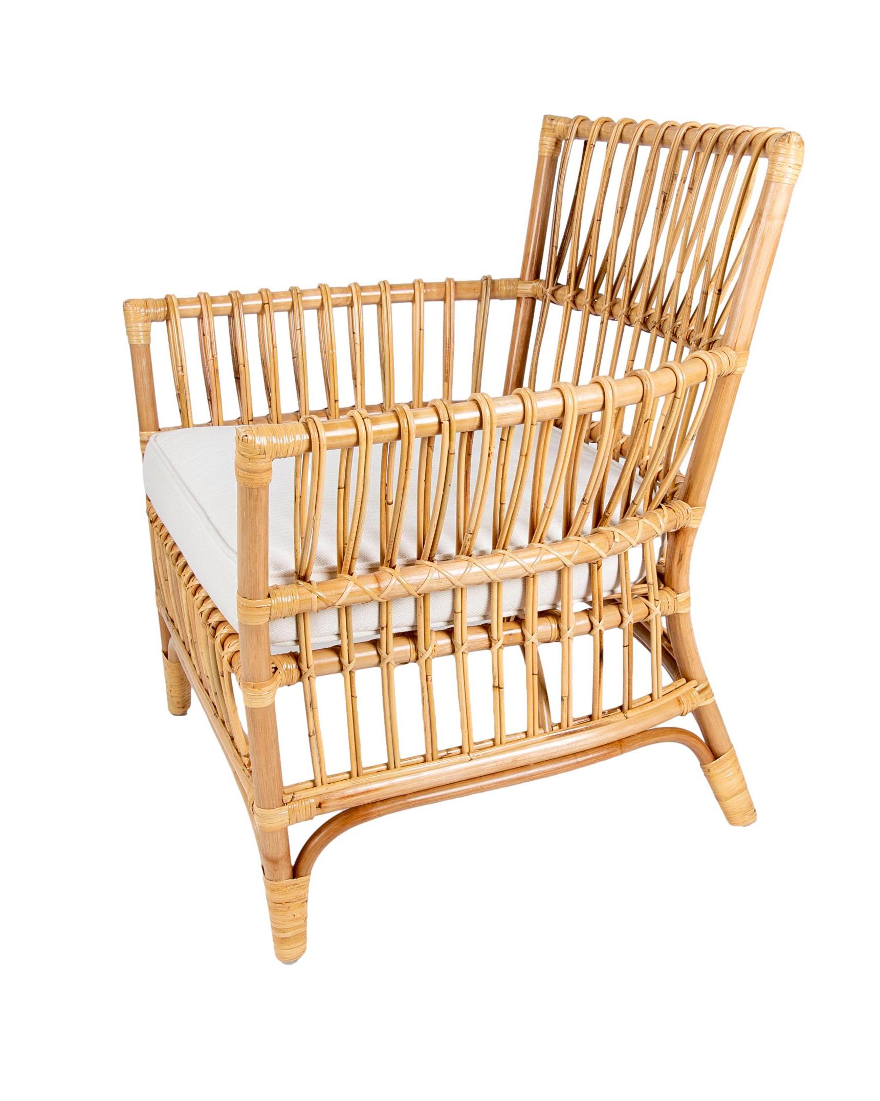 Pair of Bamboo and Wicker Armchairs with White Cushions For Sale 5