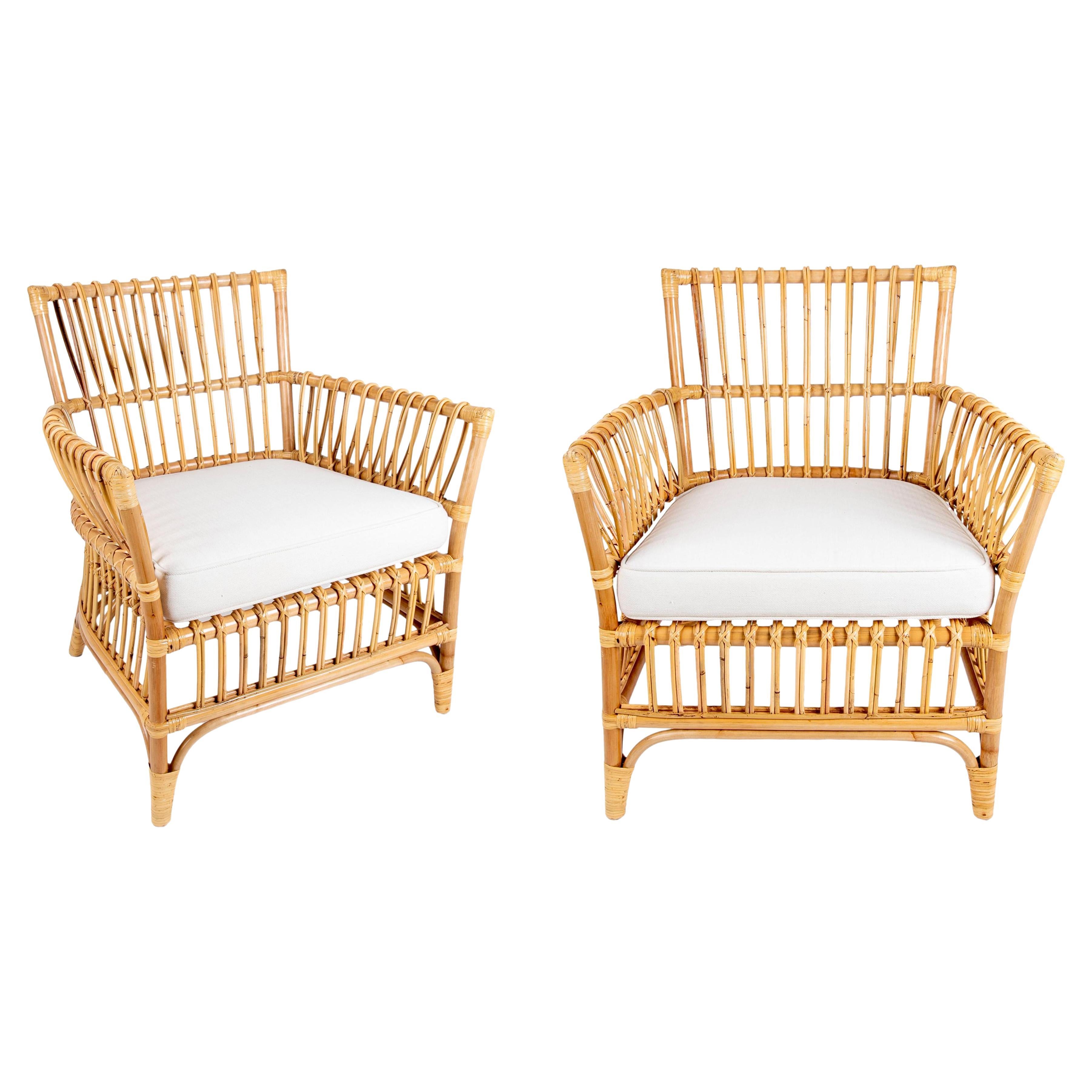 Pair of Bamboo and Wicker Armchairs with White Cushions For Sale