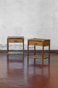 Pair of Bamboo and Wicker Bedside Tables by Edizioni Molto with Drawer and Shelf