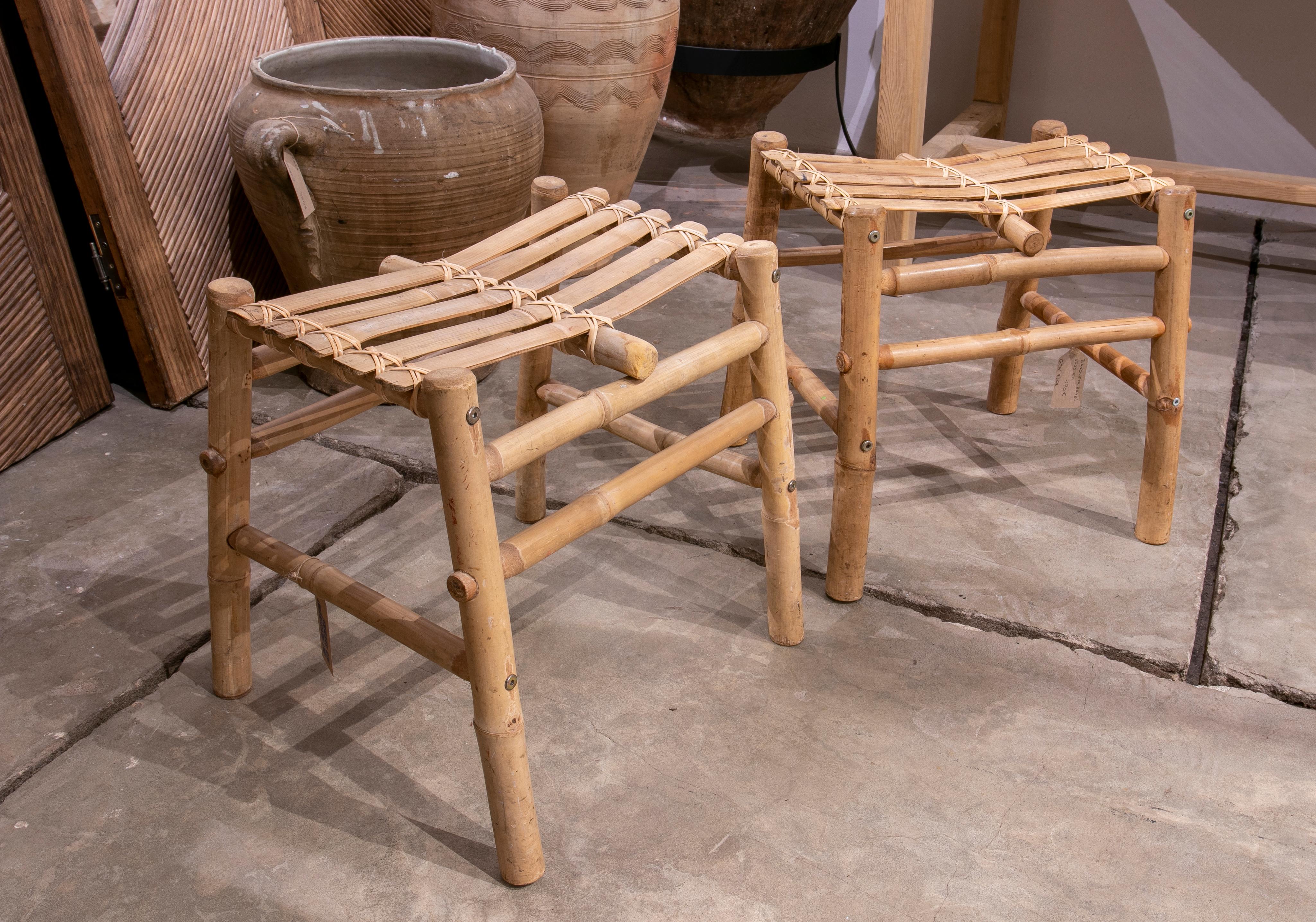 Spanish Pair of Bamboo and Wicker Benches