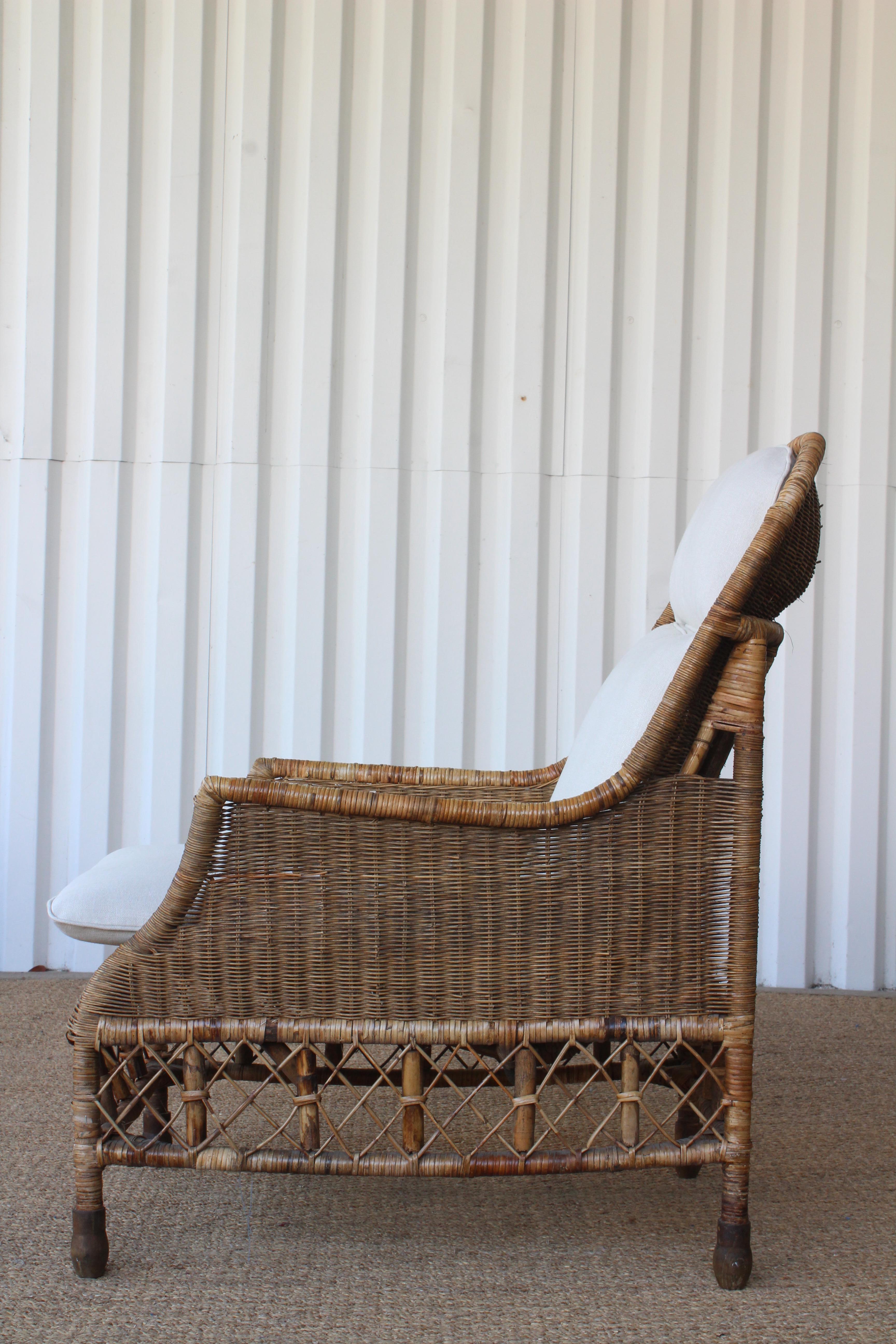 Linen Bamboo and Wicker Lounge Chair, Italy, 1960s. One Available. 