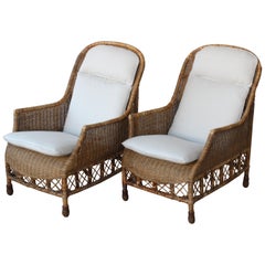 Pair of Bamboo and Wicker Lounge Chairs, Italy, 1960s