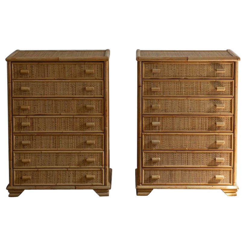 Pair of Bamboo and Woven Cane Tallboys, Italy 1970