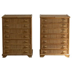 Pair of Bamboo and Woven Cane Tallboys, Italy 1970