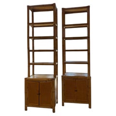 Pair of Bamboo and Woven Rattan Bookcases with Cabinet Bases, 1970s