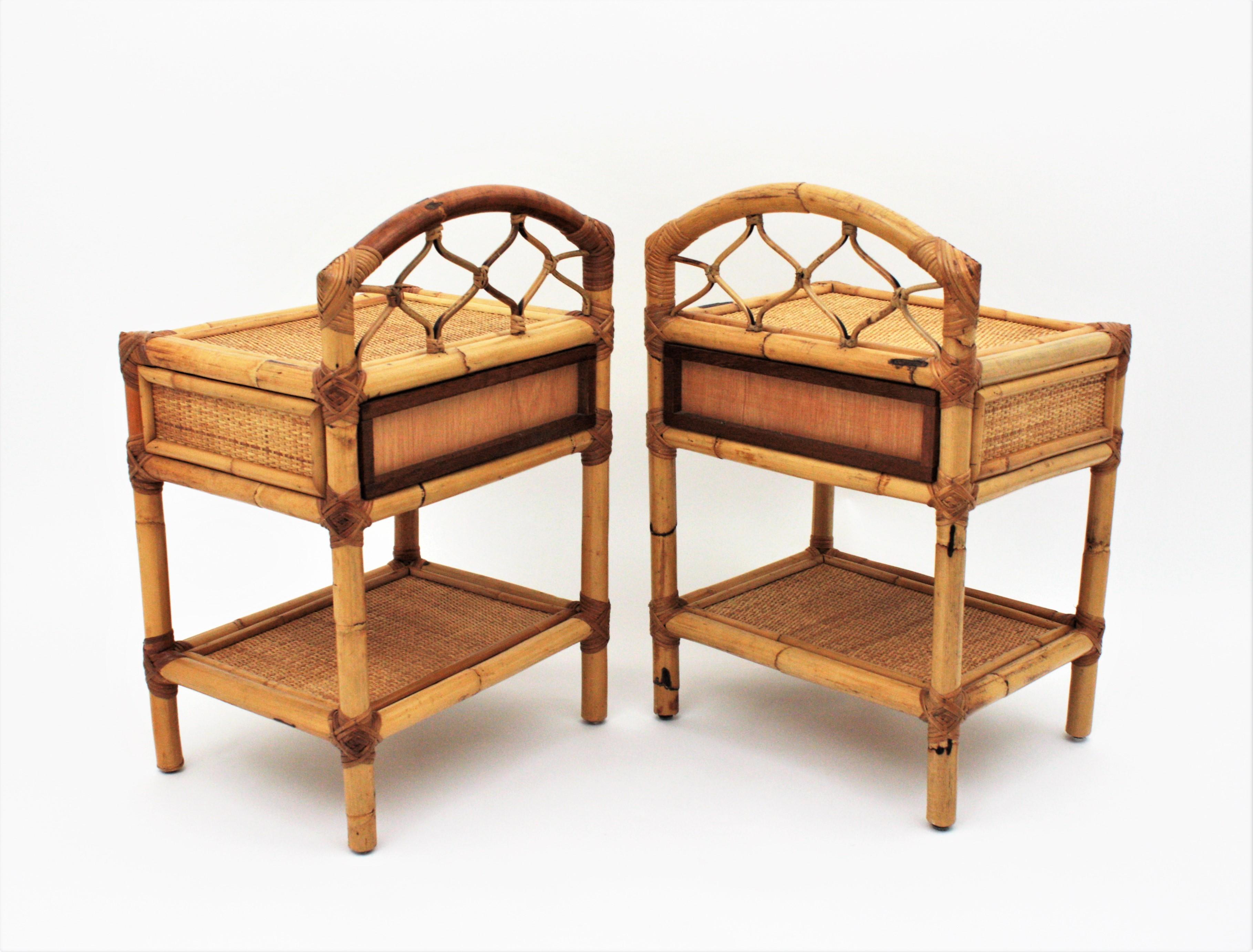 Pair of Bamboo and Woven Rattan Nightstands End Tables or Small Chests, 1970s 3