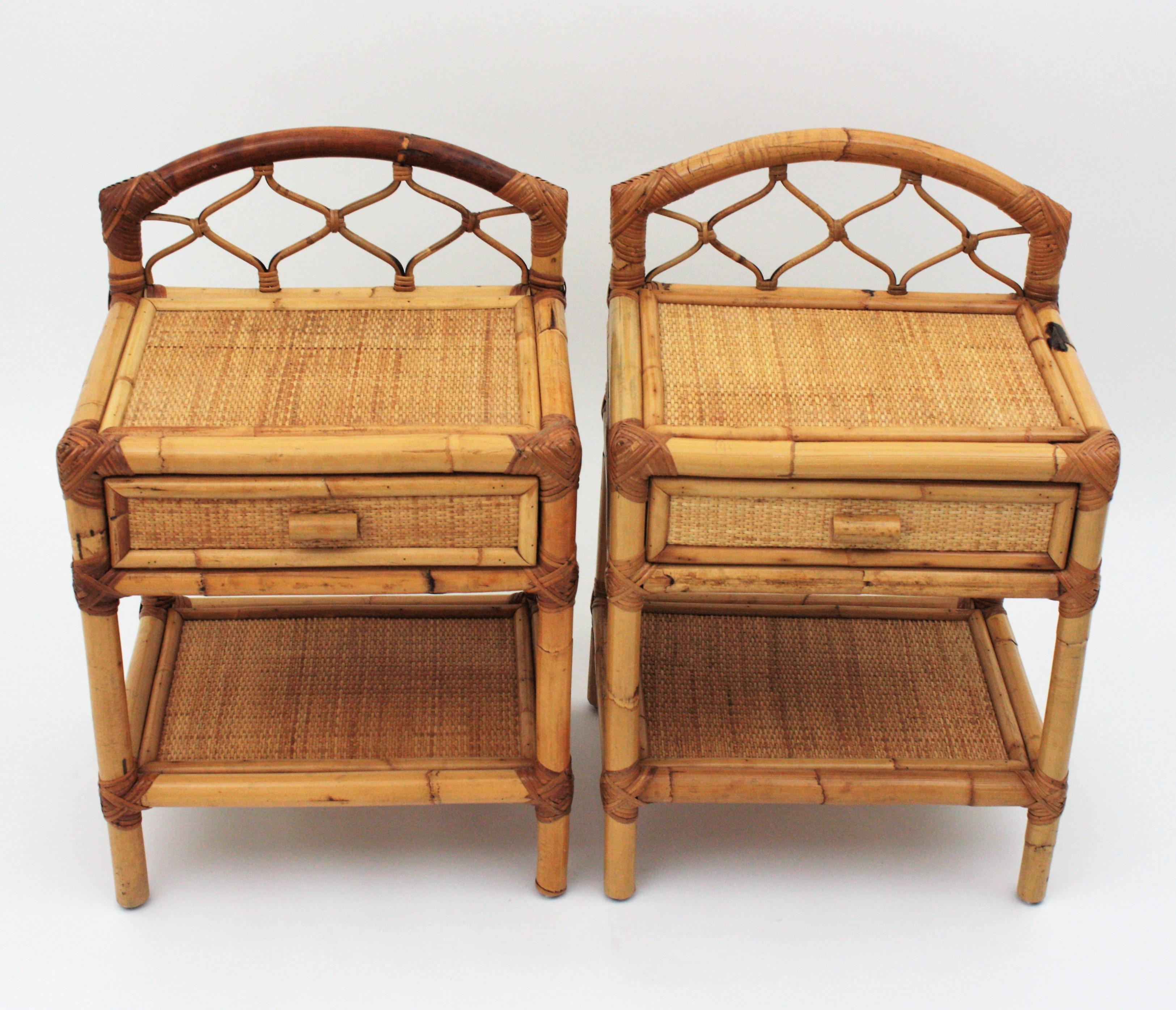 Pair of Bamboo and Woven Rattan Nightstands End Tables or Small Chests, 1970s 4