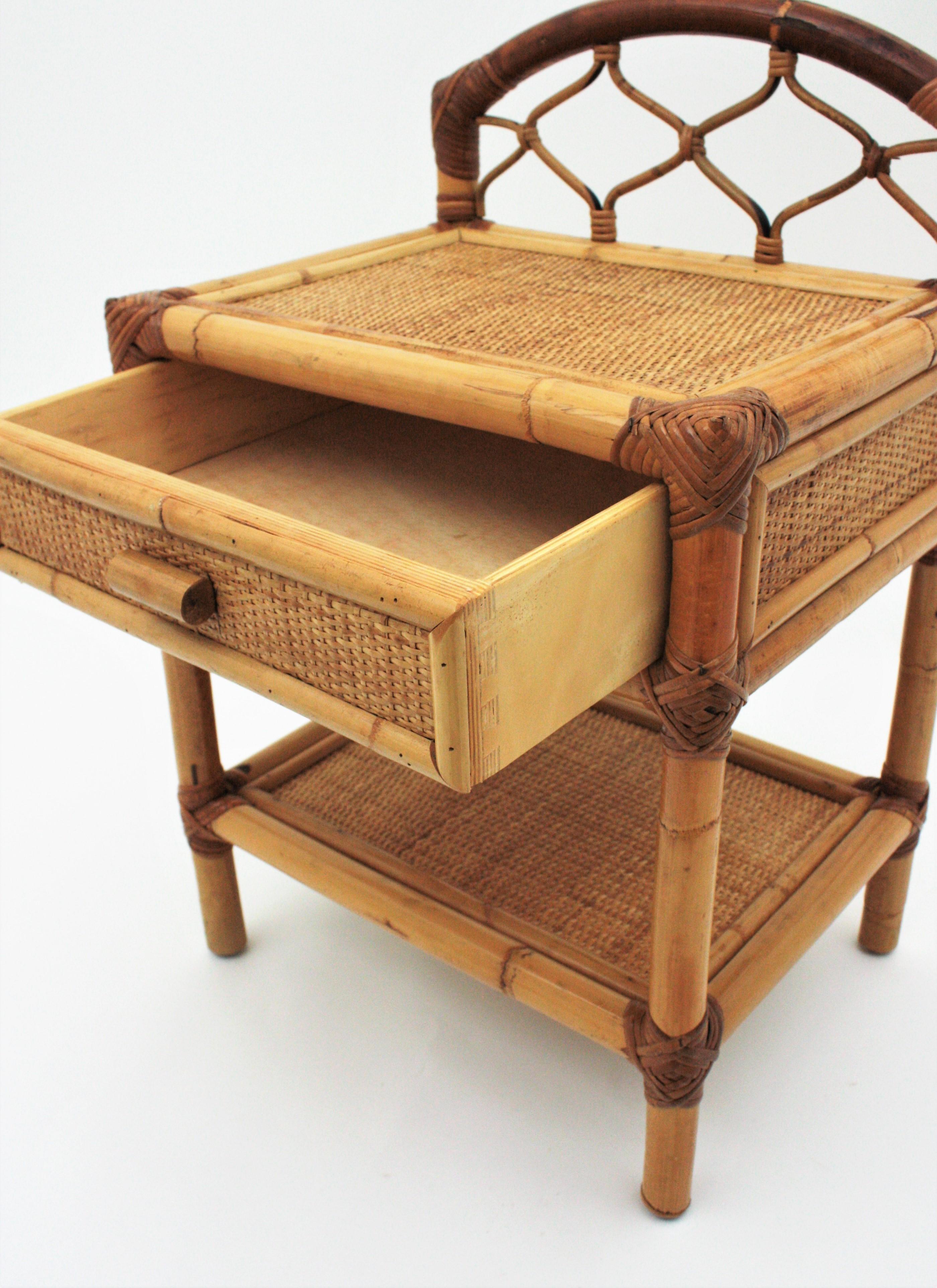 Mid-Century Modern Pair of Bamboo and Woven Rattan Nightstands End Tables or Small Chests, 1970s